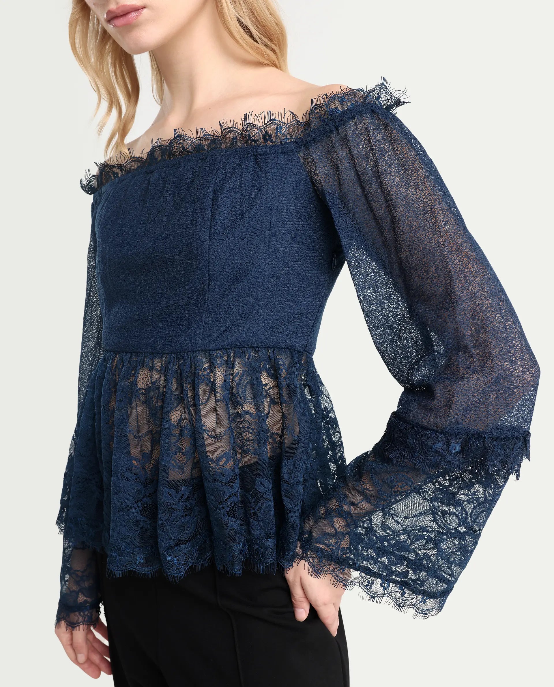 Rareism Women's Balikesar Blue Polyester Off Shoulder Plain Flared Sleeve Flared Top