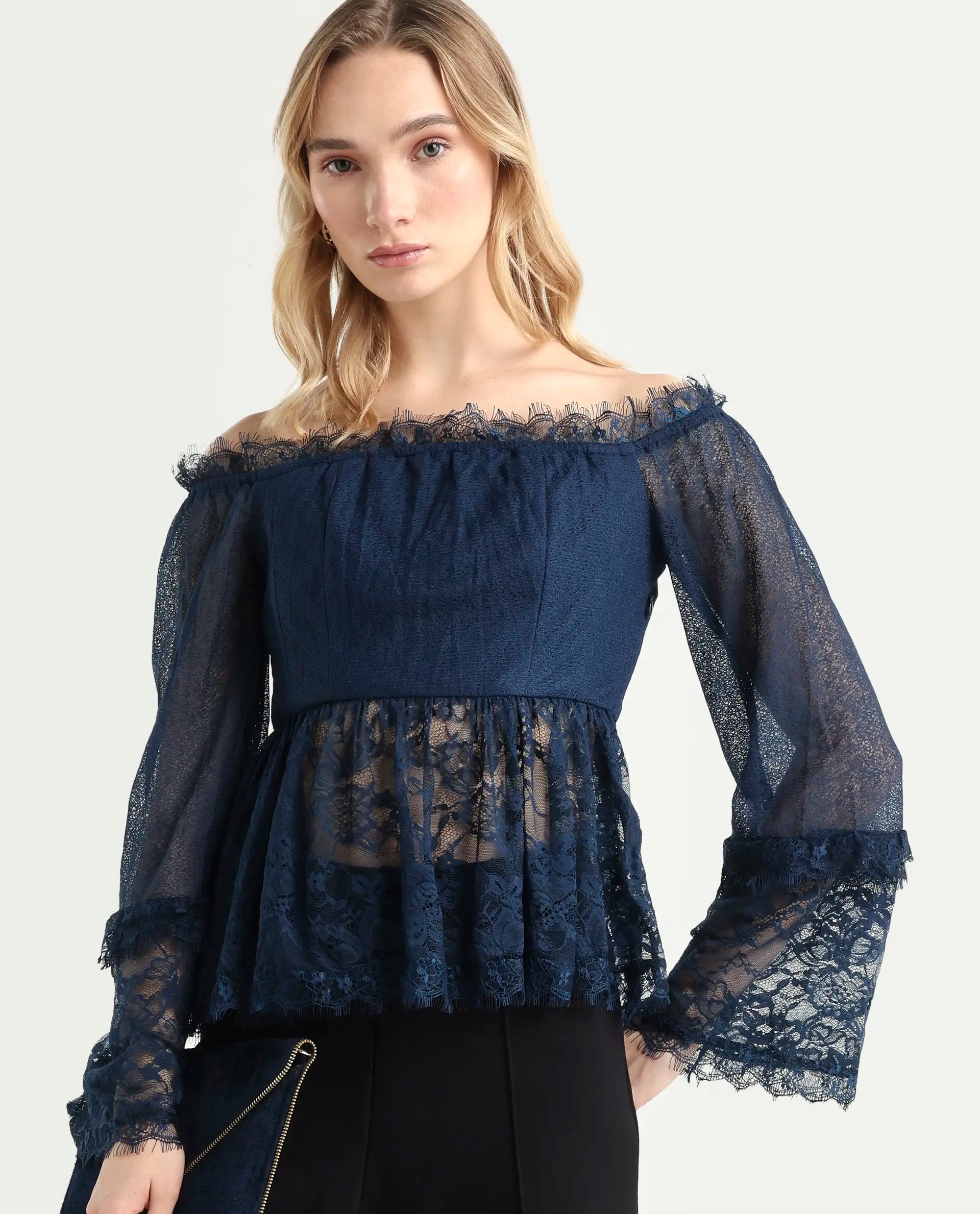 Rareism Women's Balikesar Blue Polyester Off Shoulder Plain Flared Sleeve Flared Top