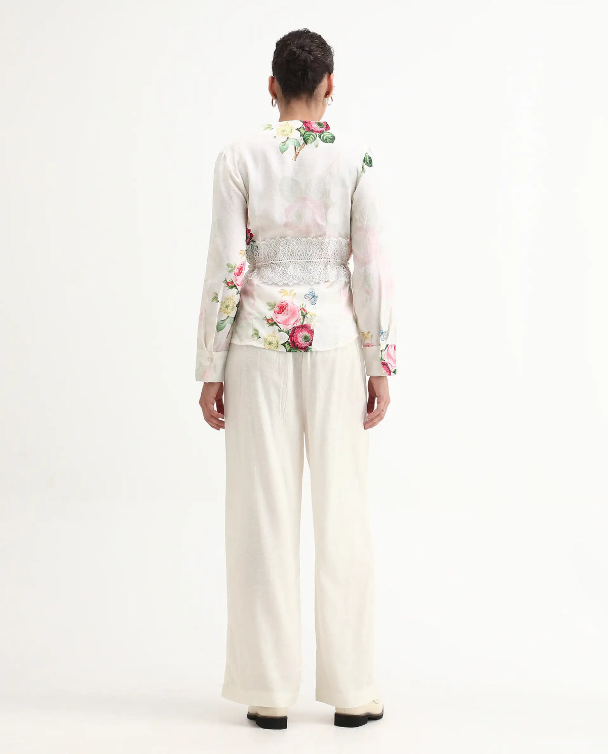 Rareism Women's Banche-B Off White Linen Blend Floral Print Ankle Length Straight Fit Trouser