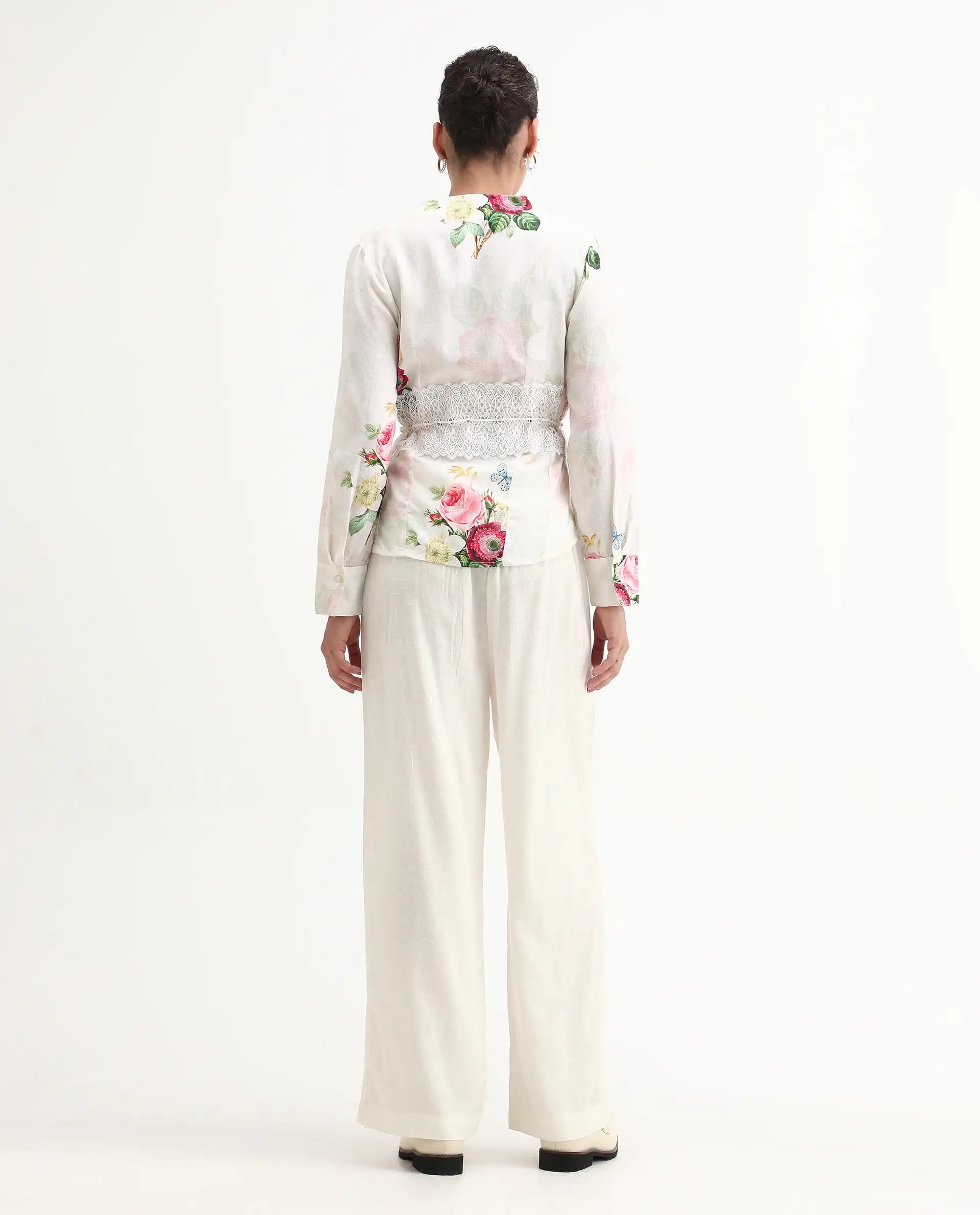 Rareism Women's Banche-B Off White Linen Blend Floral Print Ankle Length Straight Fit Trouser