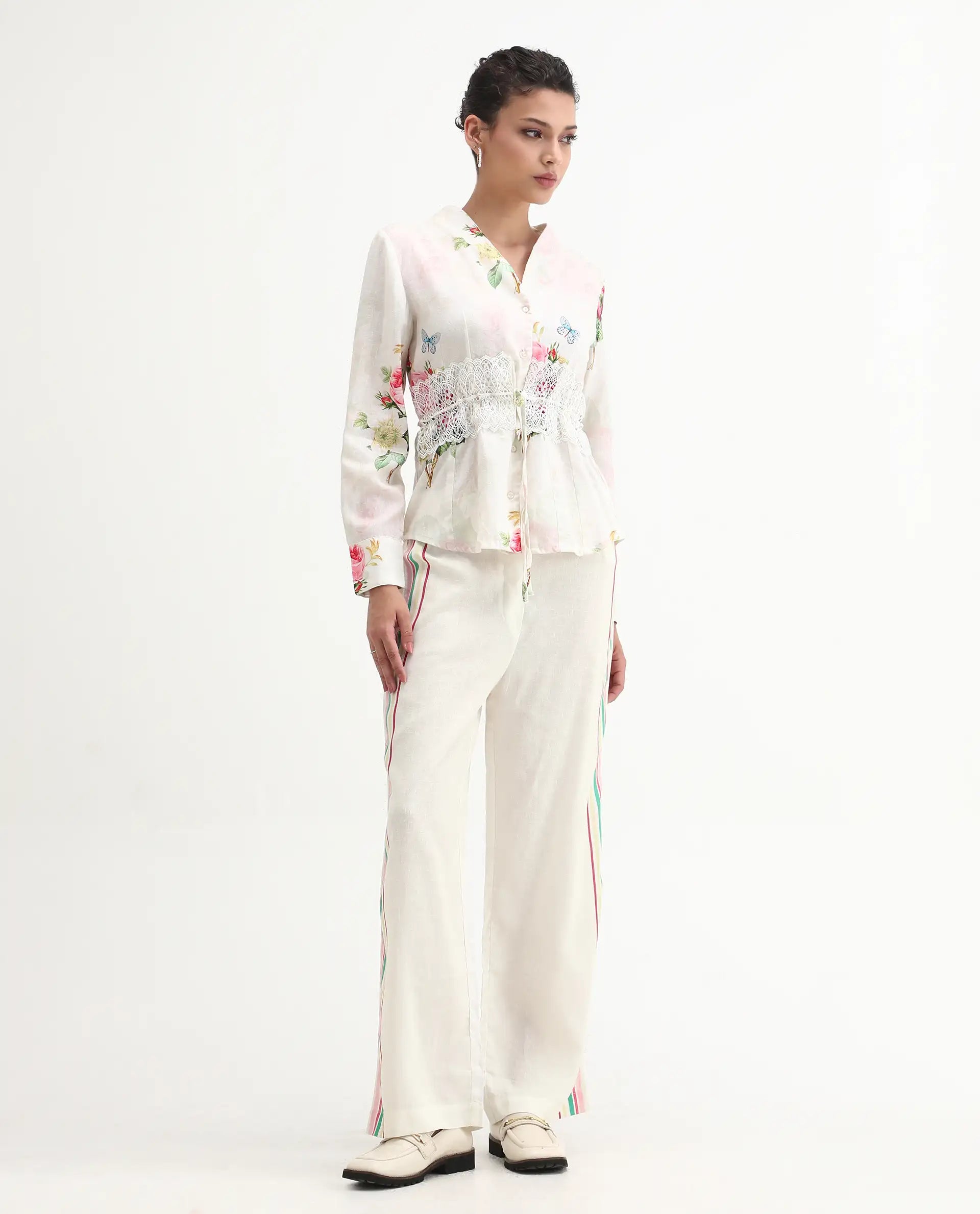 Rareism Women's Banche-B Off White Linen Blend Floral Print Ankle Length Straight Fit Trouser