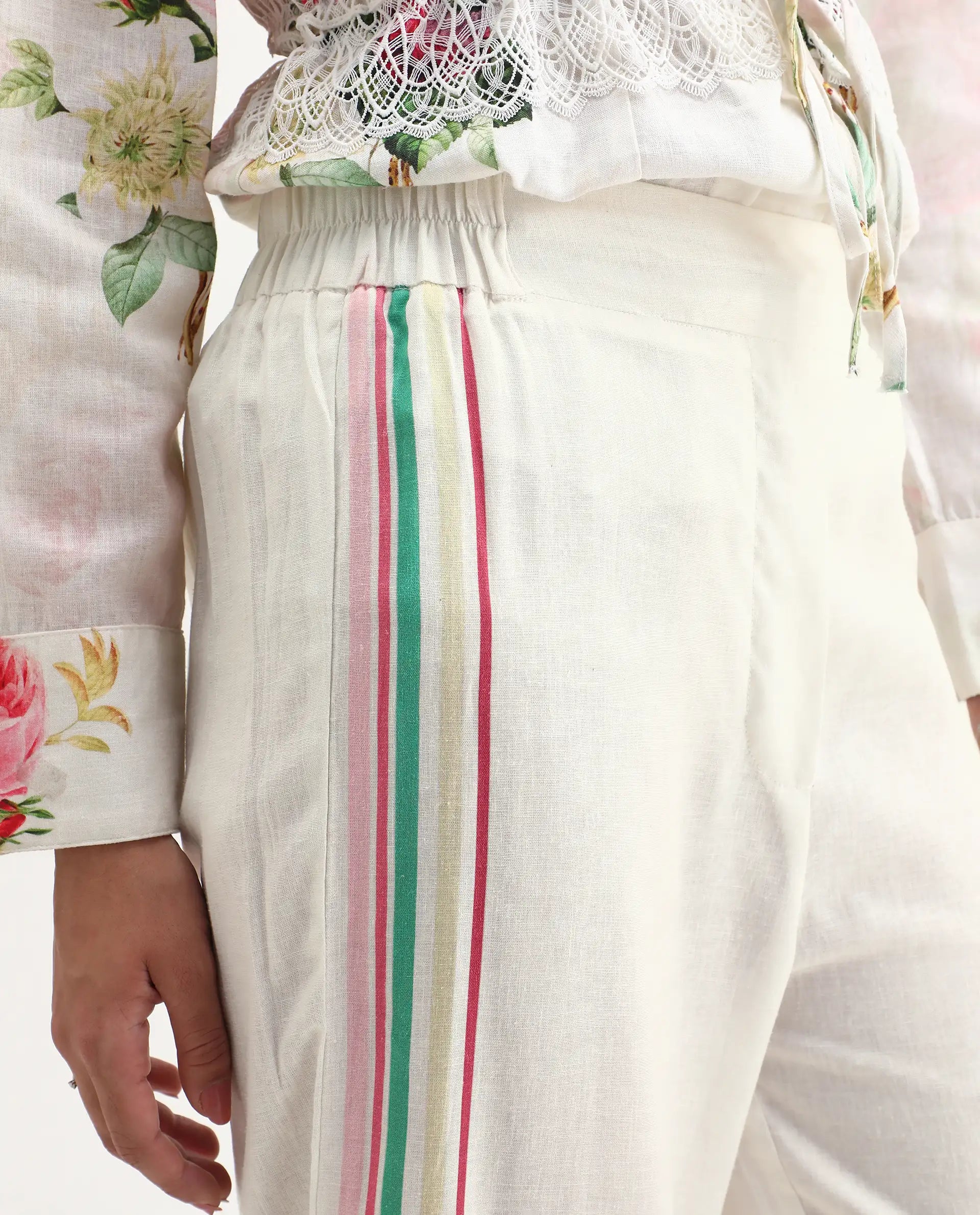 Rareism Women's Banche-B Off White Cotton Blend Floral Print Ankle Length Straight Fit Trouser