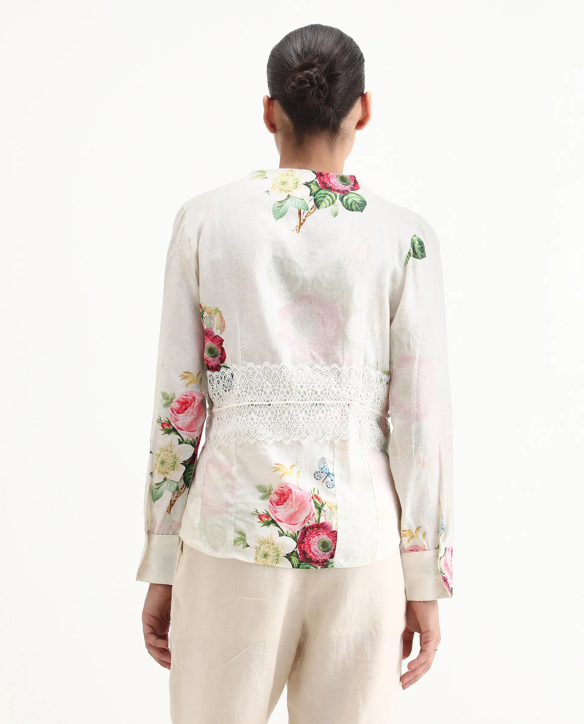 Rareism Women's Banche-T Off White Cotton Blend V-Neck Floral Print Cuffed Sleeve Regular Fit Top