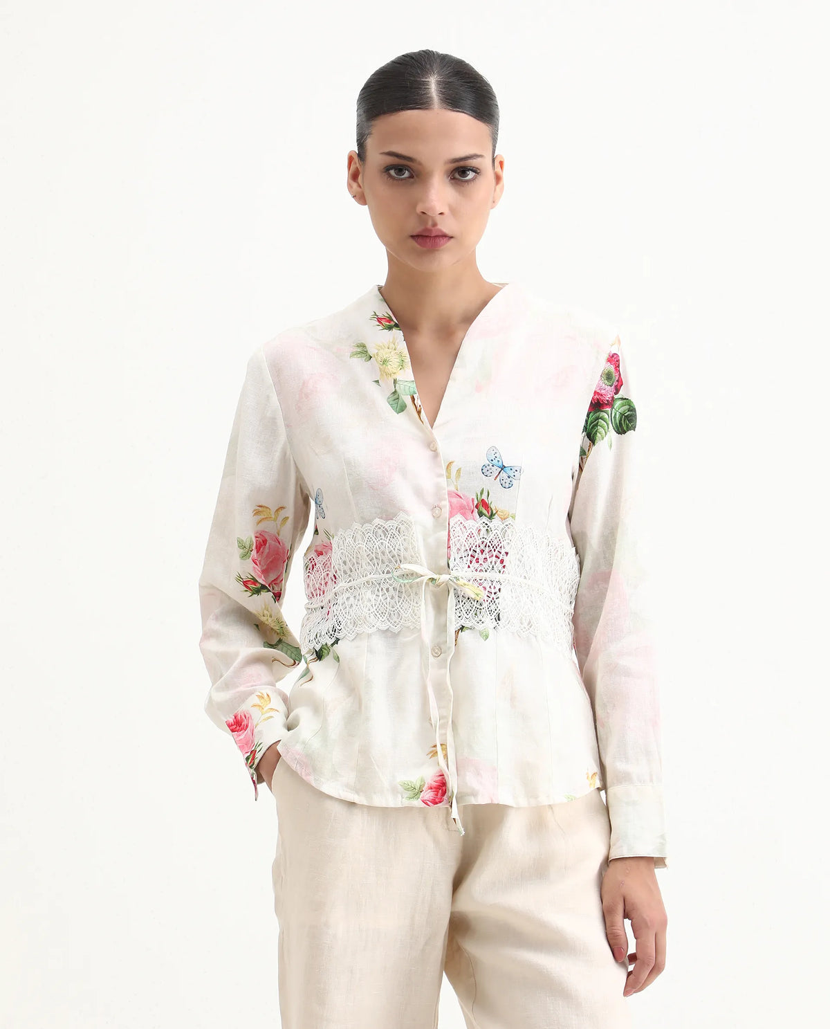 Rareism Women's Banche-T Off White Cotton Blend V-Neck Floral Print Cuffed Sleeve Regular Fit Top