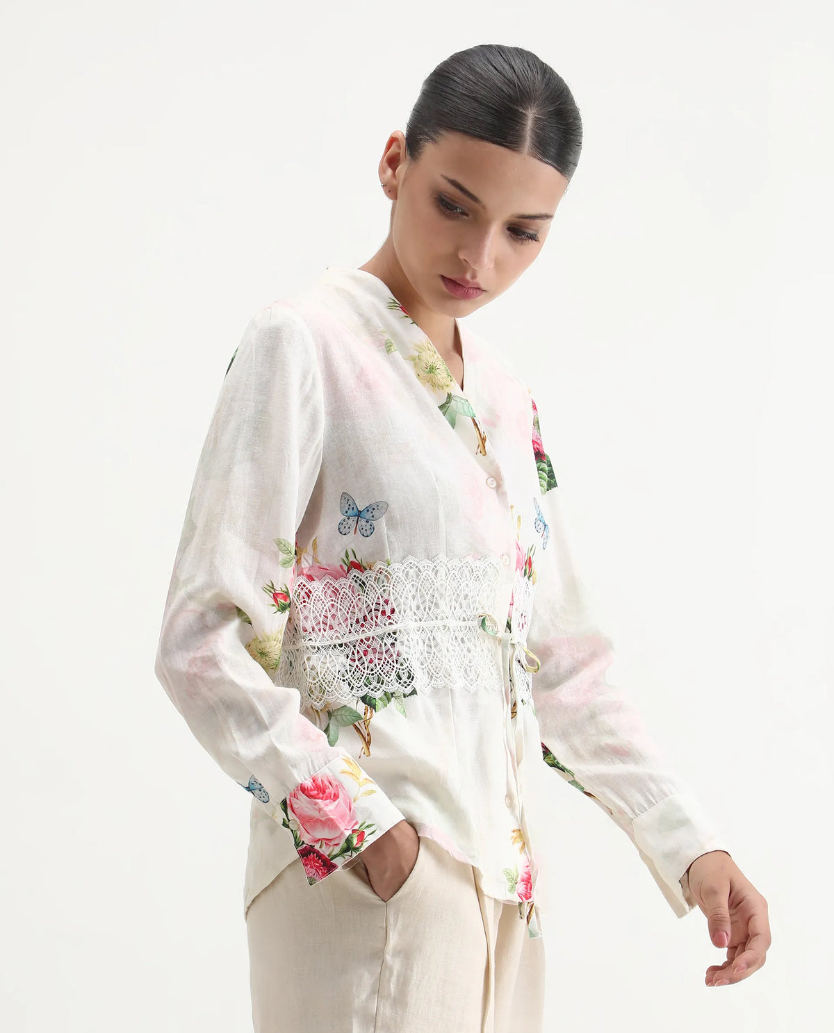 Rareism Women's Banche-T Off White Cotton Blend V-Neck Floral Print Cuffed Sleeve Regular Fit Top