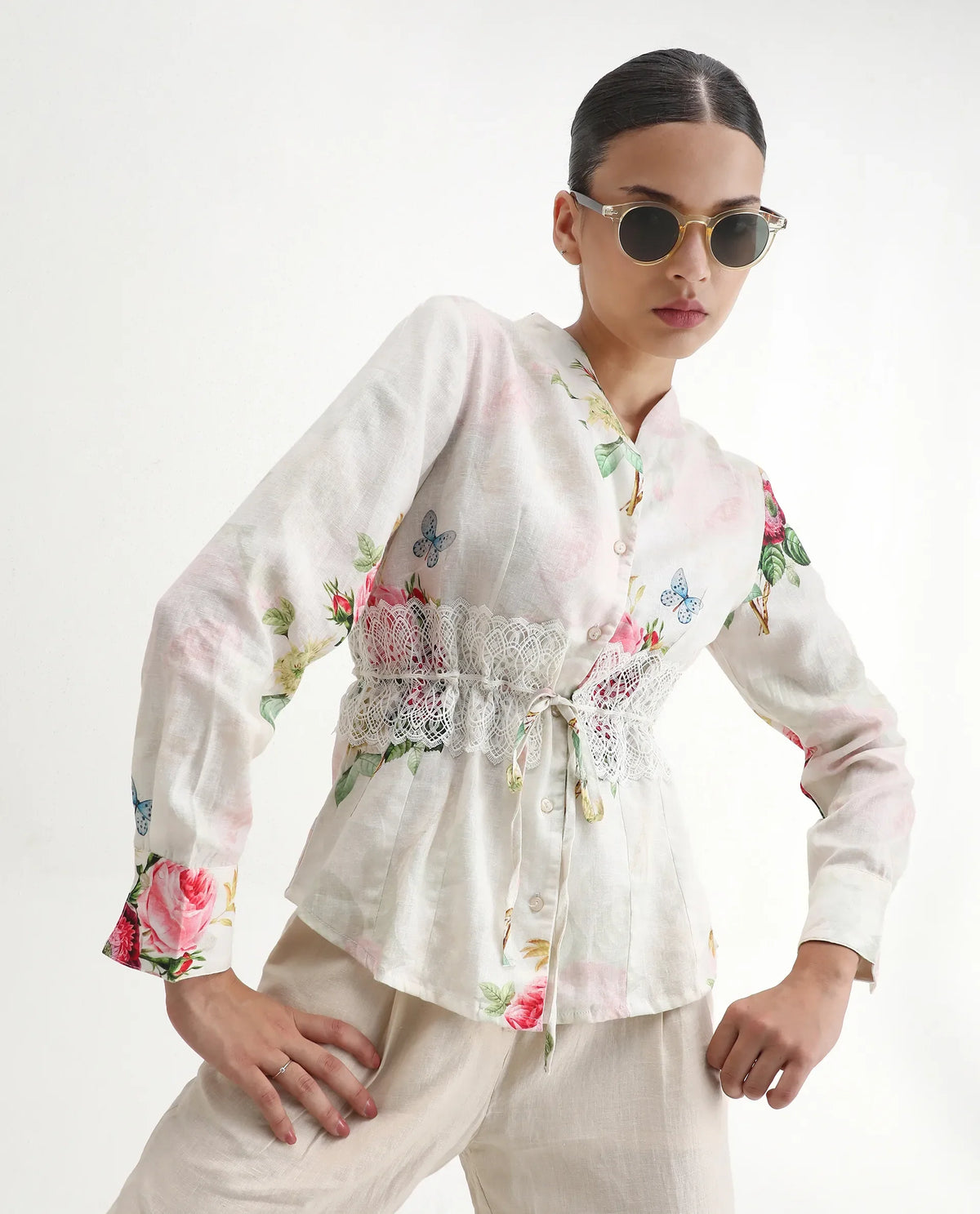 Rareism Women's Banche-T Off White Cotton Blend V-Neck Floral Print Cuffed Sleeve Regular Fit Top