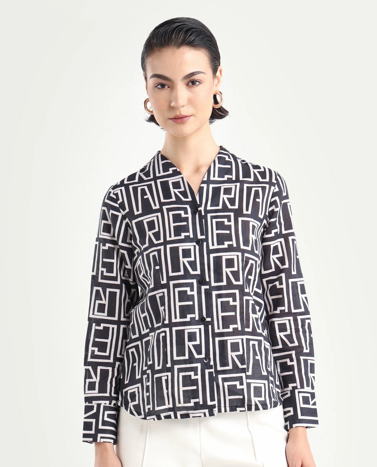Rareism Women's Bancheo Black Cotton Blend V-Neck Monogram Print Cuffed Sleeve Regular Fit Shirt