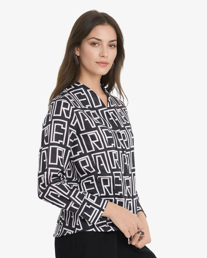 Rareism Women Bancheo Black Cuffed Sleeve V-Neck Button Monogram Print Top