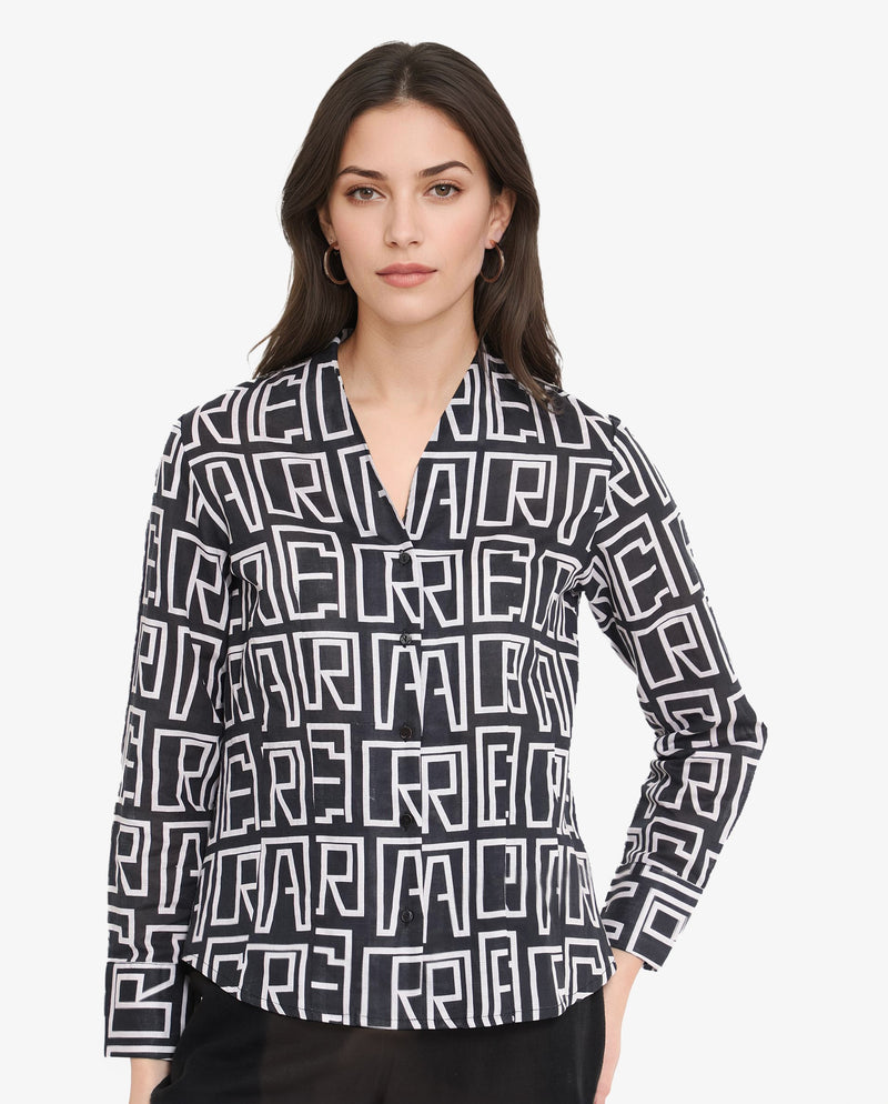 Rareism Women Bancheo Black Cuffed Sleeve V-Neck Button Monogram Print Top