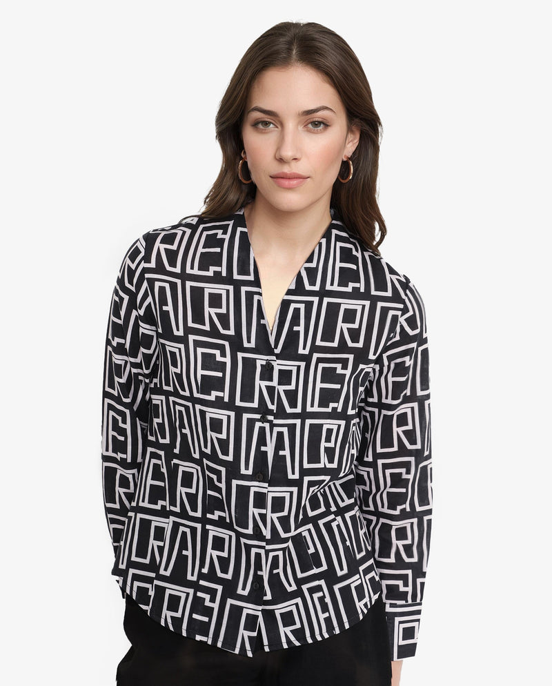 Rareism Women Bancheo Black Cuffed Sleeve V-Neck Button Monogram Print Top