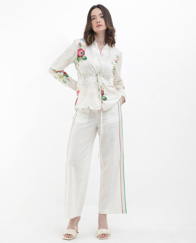 Rareism Women Banche-B Off White Cotton Linen Fabric Regular Length Trouser