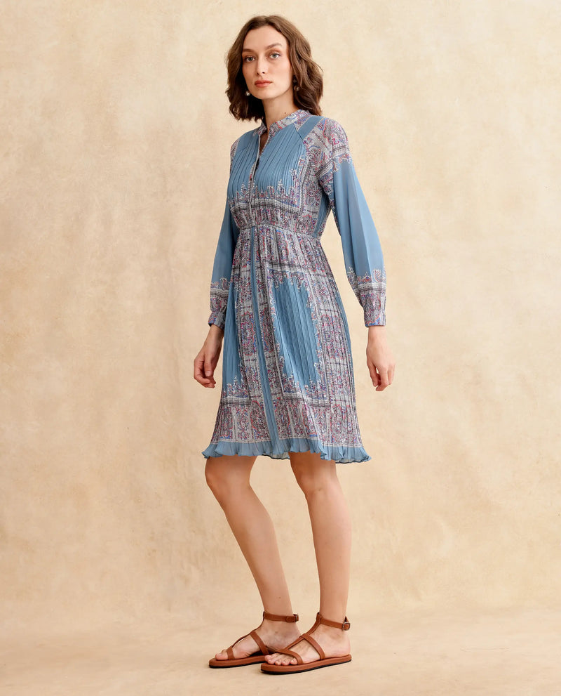 Rareism Women Bandene Dusky Blue Raglan Sleeves Mandarin Collar Button Closure A-Line Knee Length Bandana Print Dress