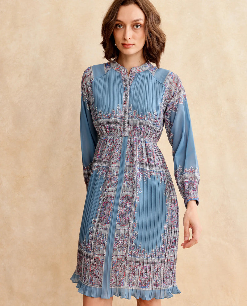 Rareism Women Bandene Dusky Blue Raglan Sleeves Mandarin Collar Button Closure A-Line Knee Length Bandana Print Dress