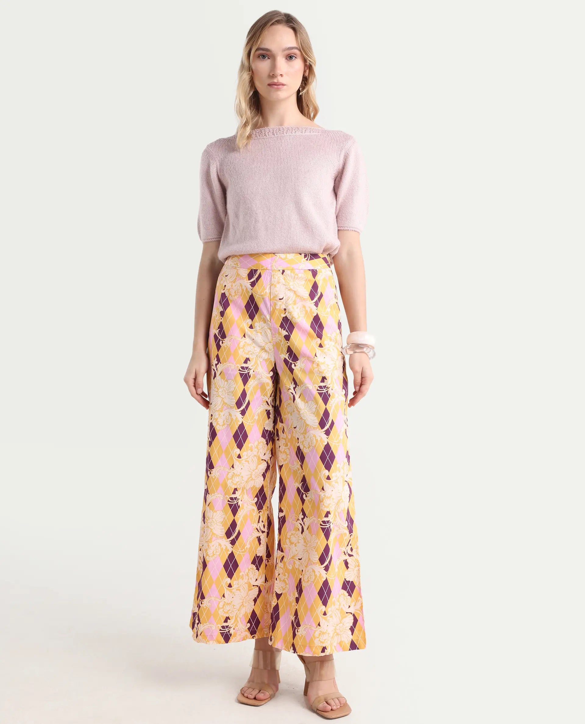 Rareism Women's Bari Light Multi Cotton Geometric Print Ankle Length Wide Trouser