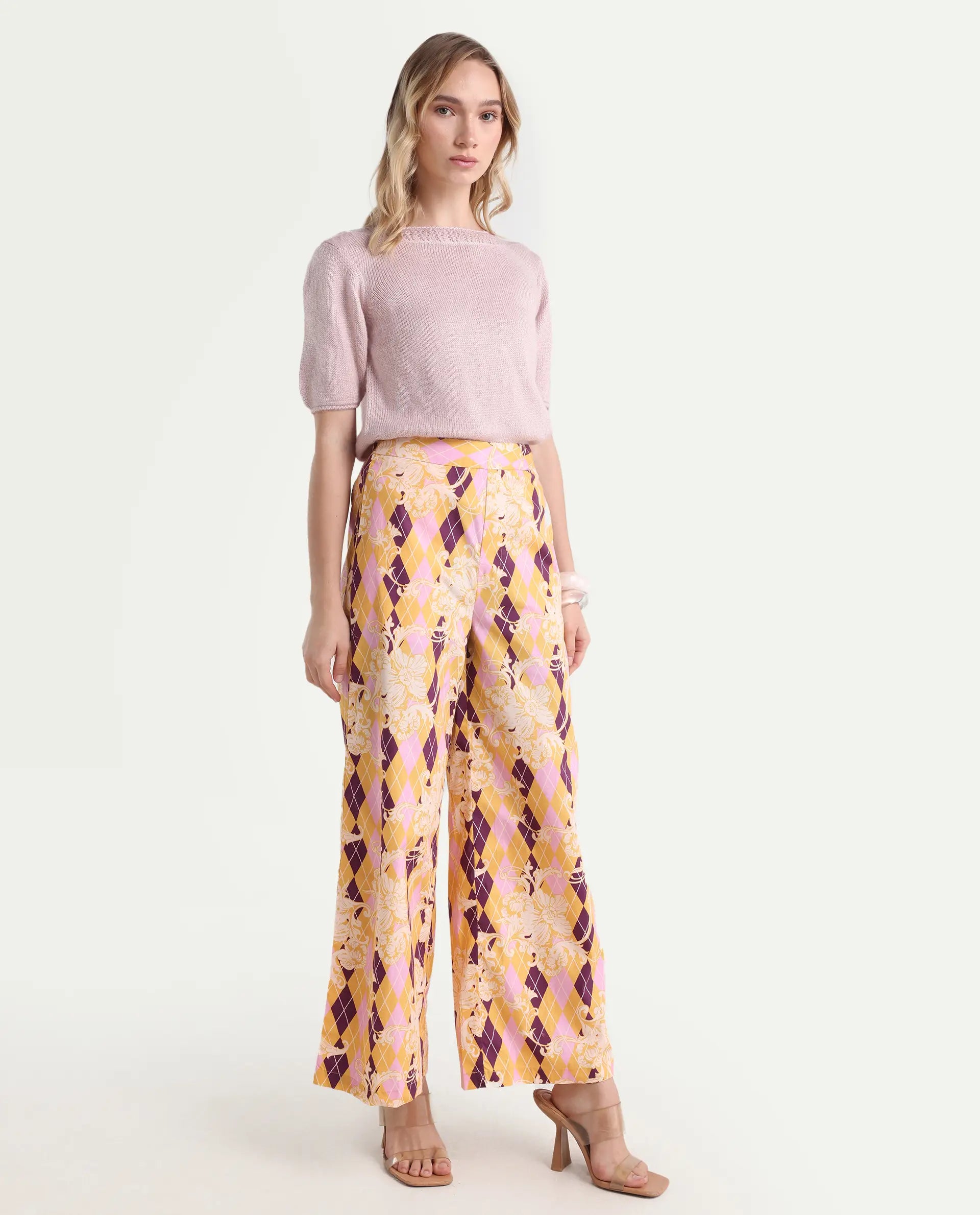 Rareism Women's Bari Light Multi Cotton Geometric Print Ankle Length Wide Trouser