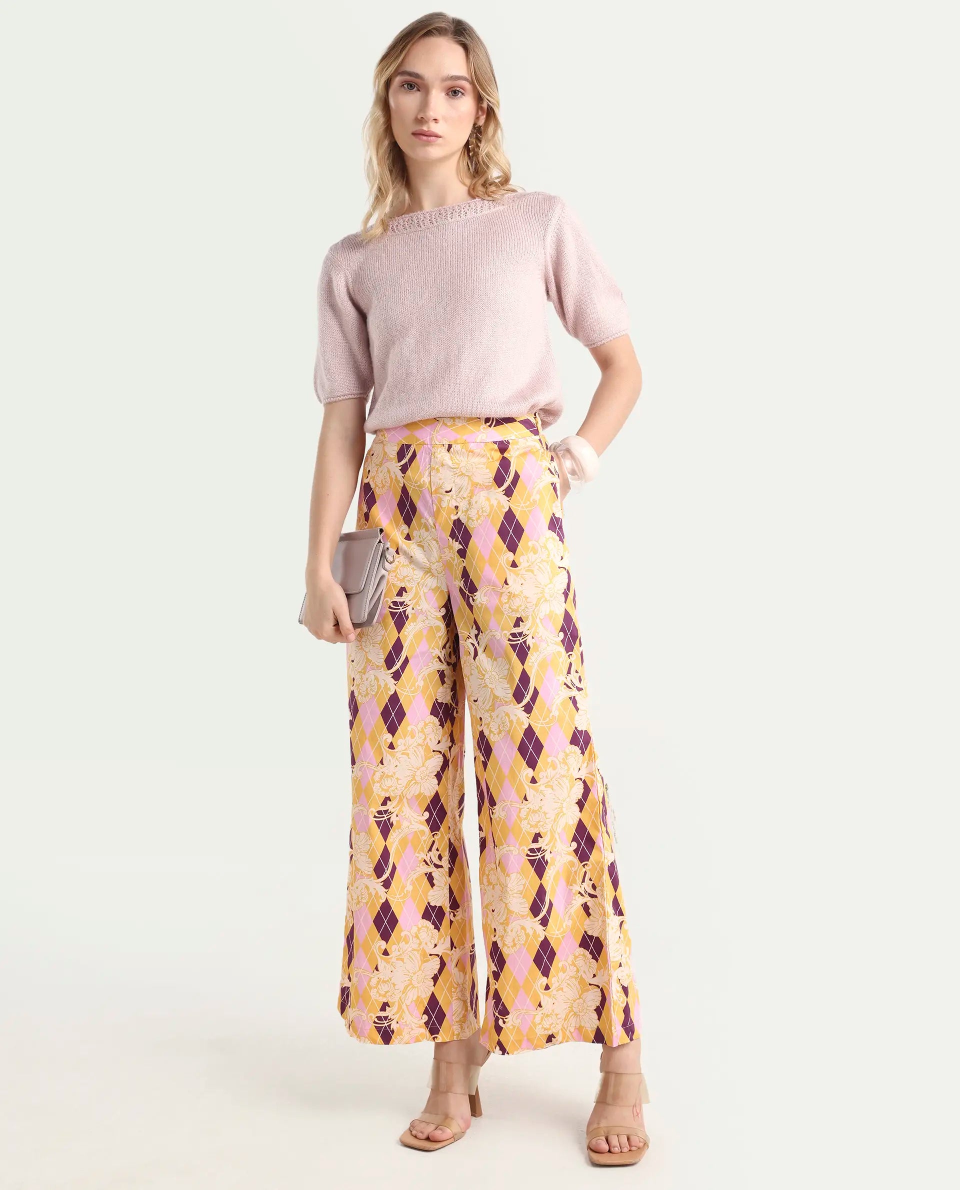 Rareism Women's Bari Light Multi Cotton Geometric Print Ankle Length Wide Trouser
