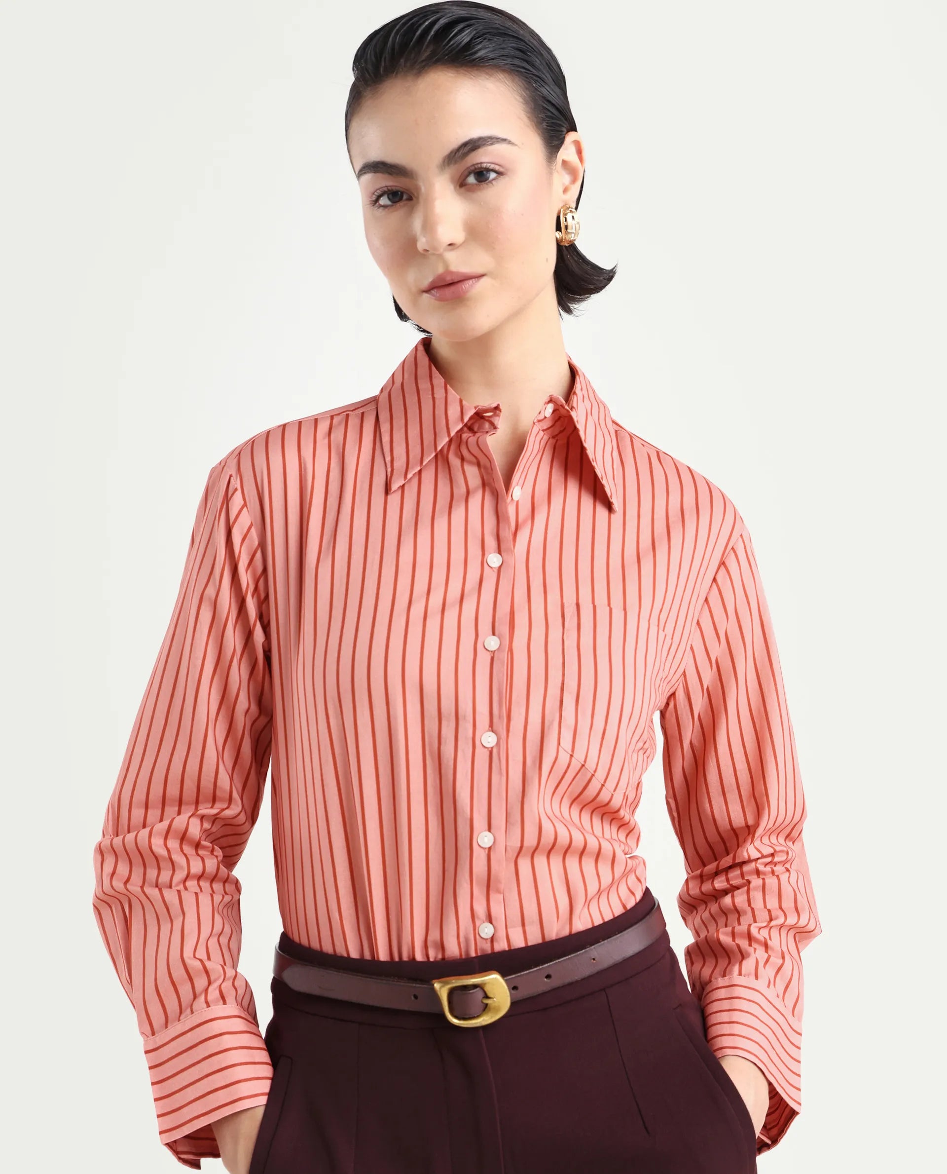 Rareism Women's Barletta Pastel Pink Cotton Drop Collar Striped Cuffed Sleeve Regular Fit Shirt