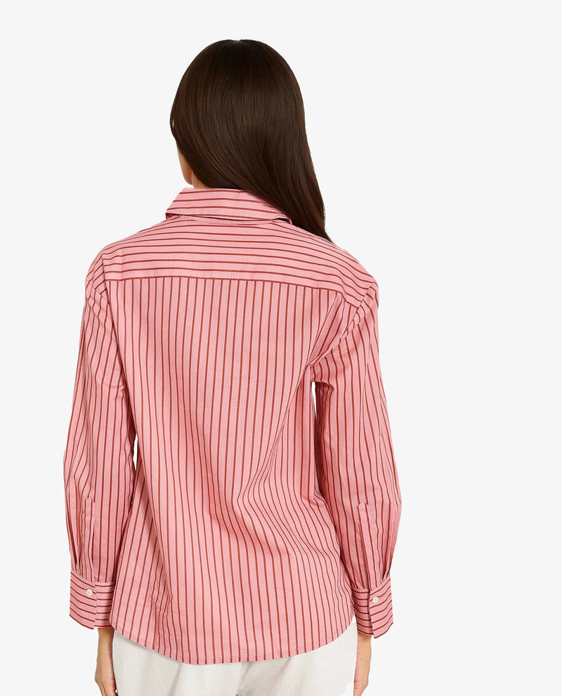 Rareism Women Barletta Pastel Pink Cuffed Sleeve Collared Neck  Narrow Stripes Shirt