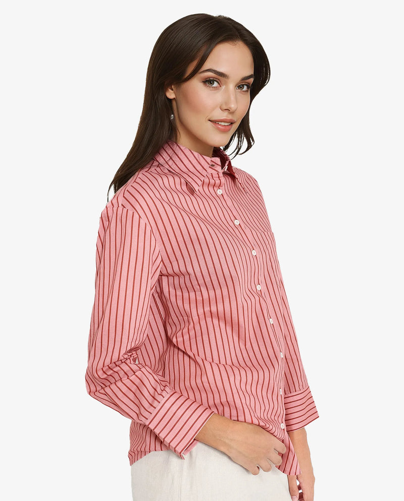 Rareism Women Barletta Pastel Pink Cuffed Sleeve Collared Neck  Narrow Stripes Shirt