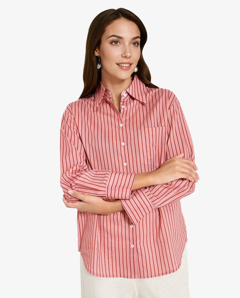 Rareism Women Barletta Pastel Pink Cuffed Sleeve Collared Neck  Narrow Stripes Shirt