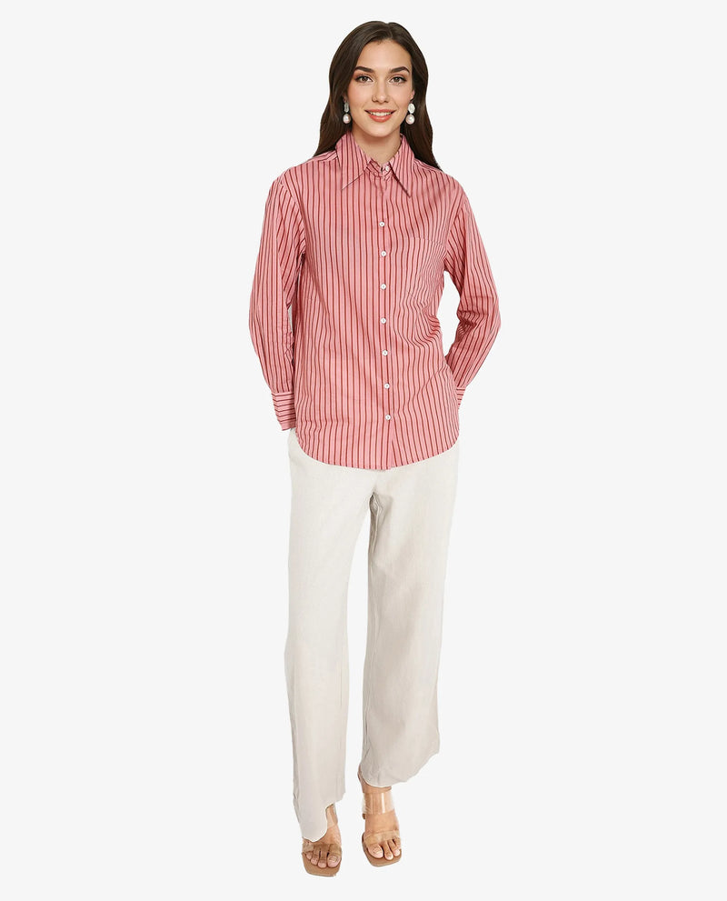 Rareism Women Barletta Pastel Pink Cuffed Sleeve Collared Neck  Narrow Stripes Shirt