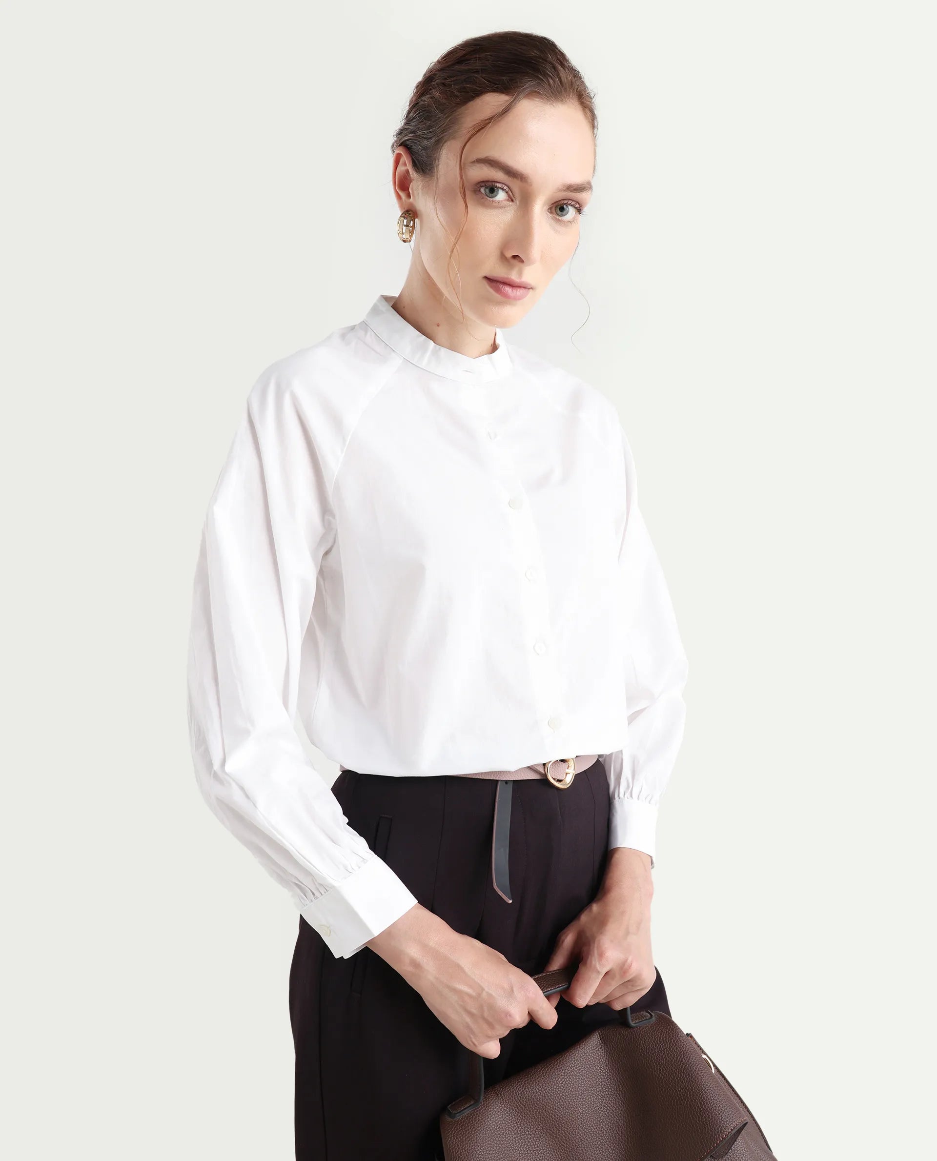 Rareism Women's Bartpo White Cotton Mandarin Collar Plain Raglan Sleeve Regular Fit Top