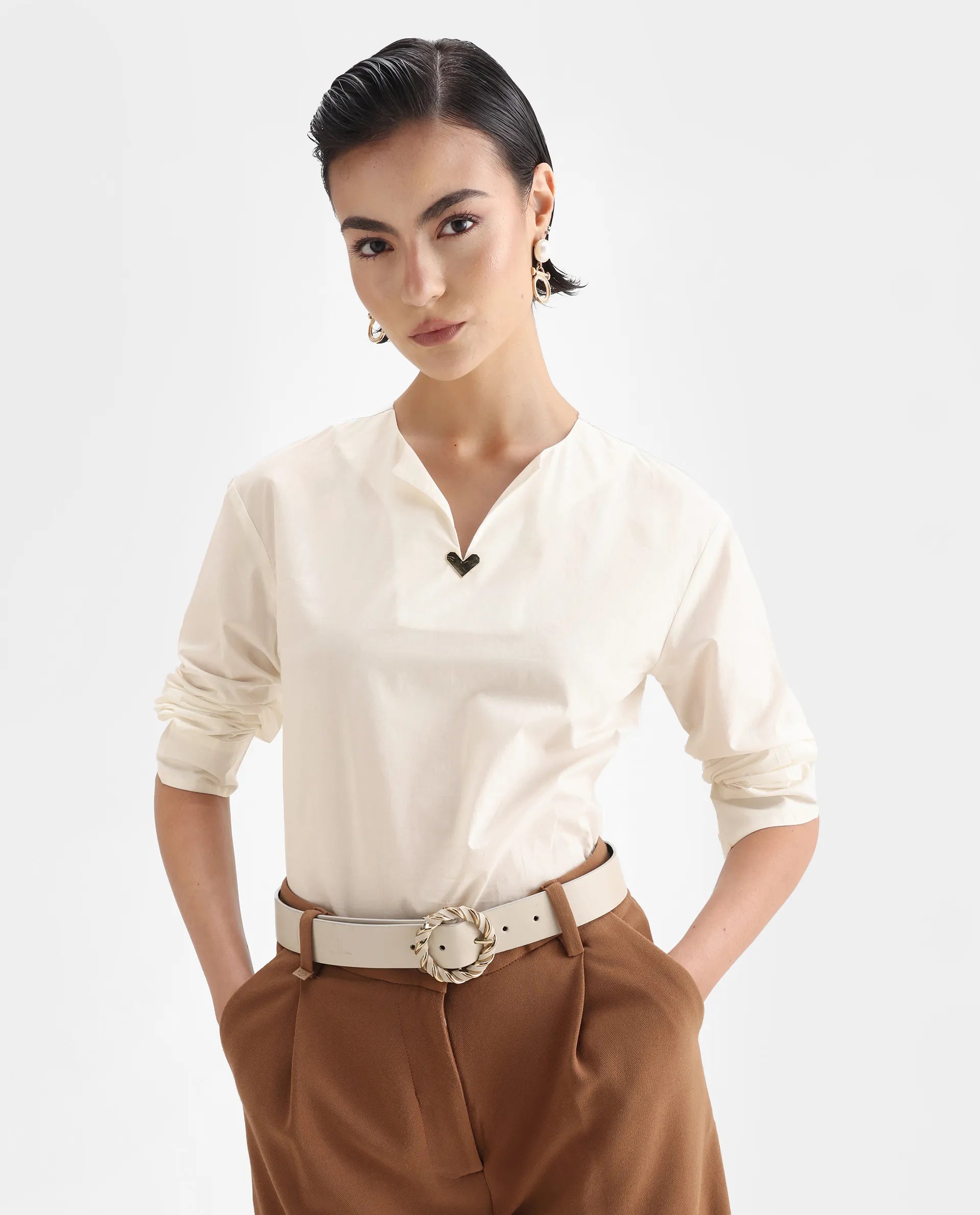 Rareism Women Nura White Collared Neck Button Closure Plain Top
