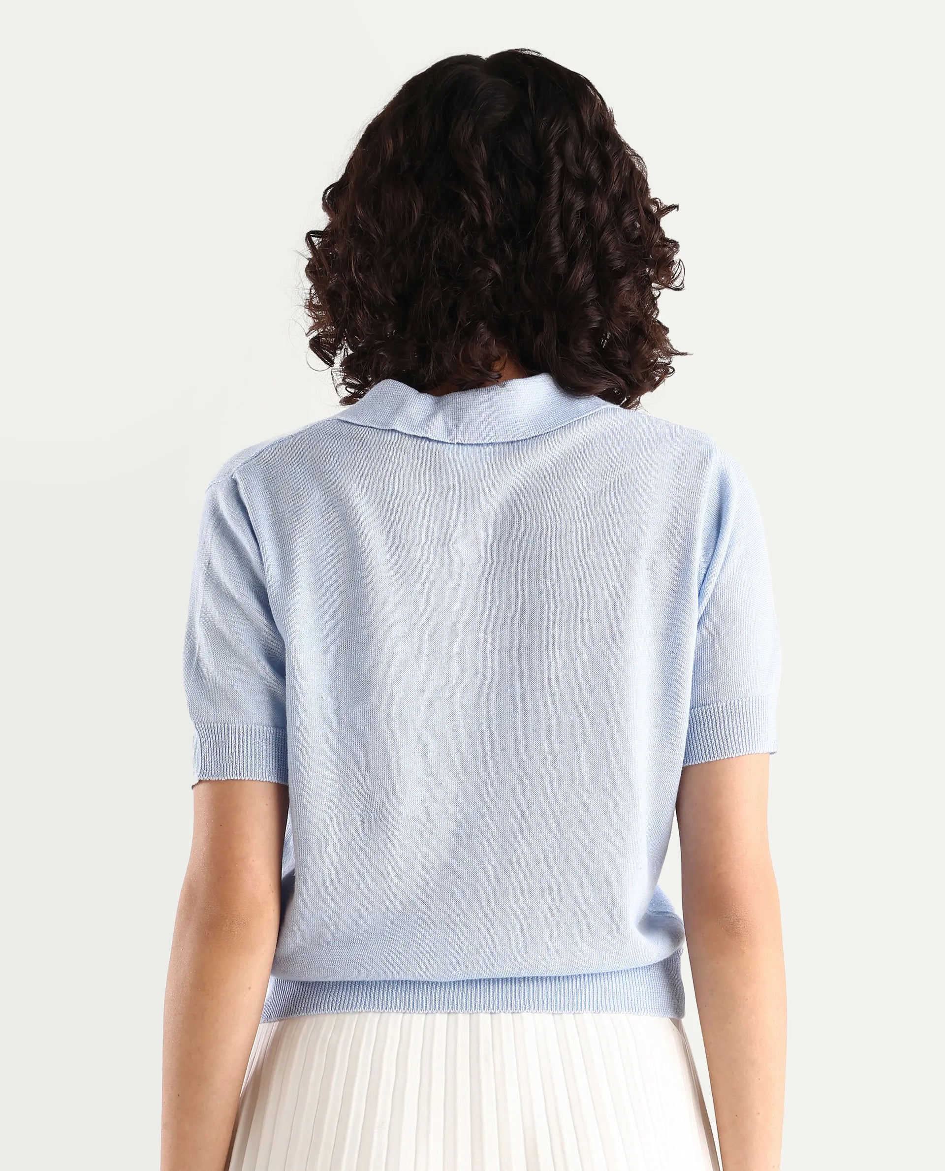Rareism Women's Basel Light Blue Linen Blend Polo Neck Plain Regular Fit Polo