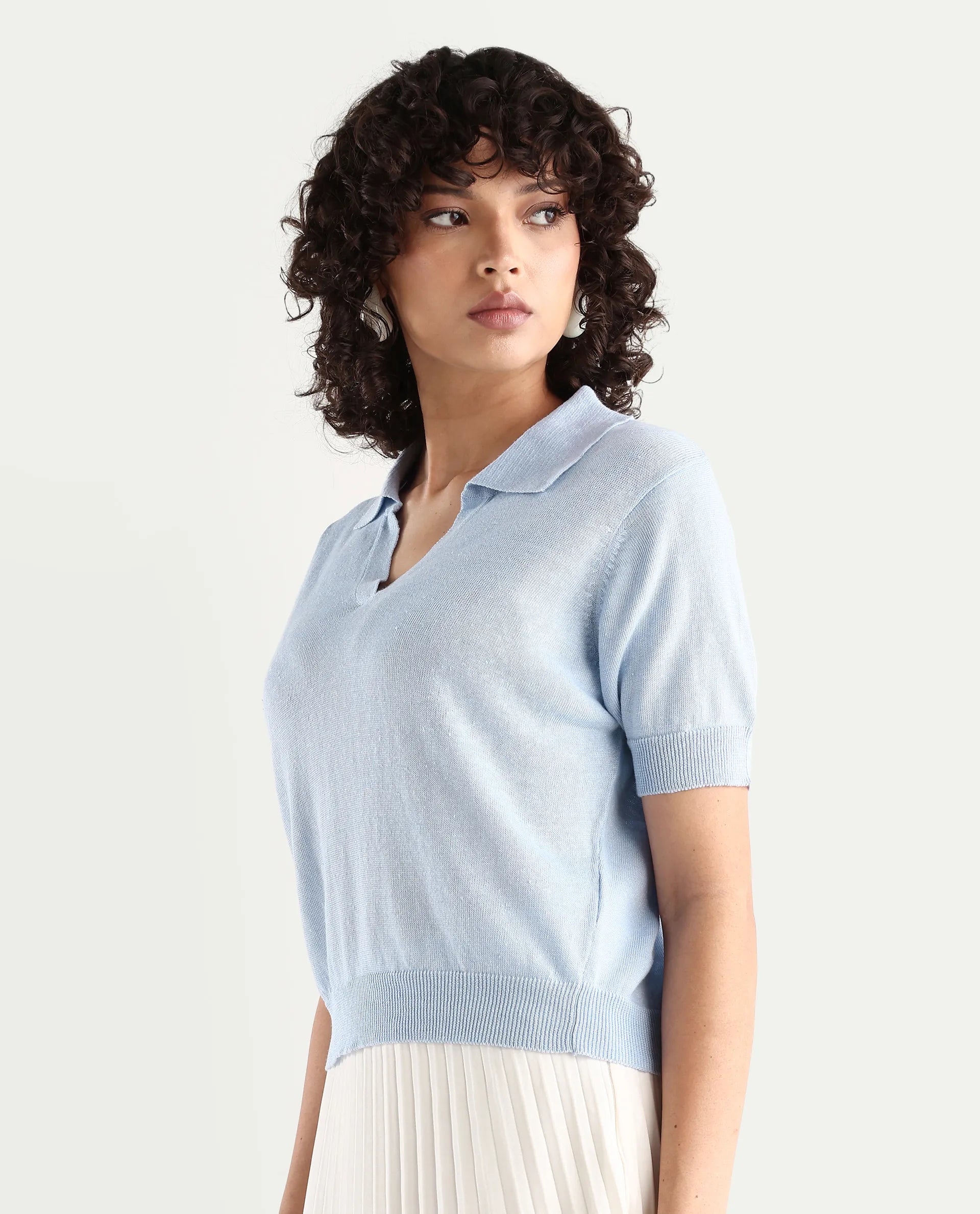 Rareism Women's Basel Light Blue Cotton Blend Polo Neck Plain Regular Fit Polo