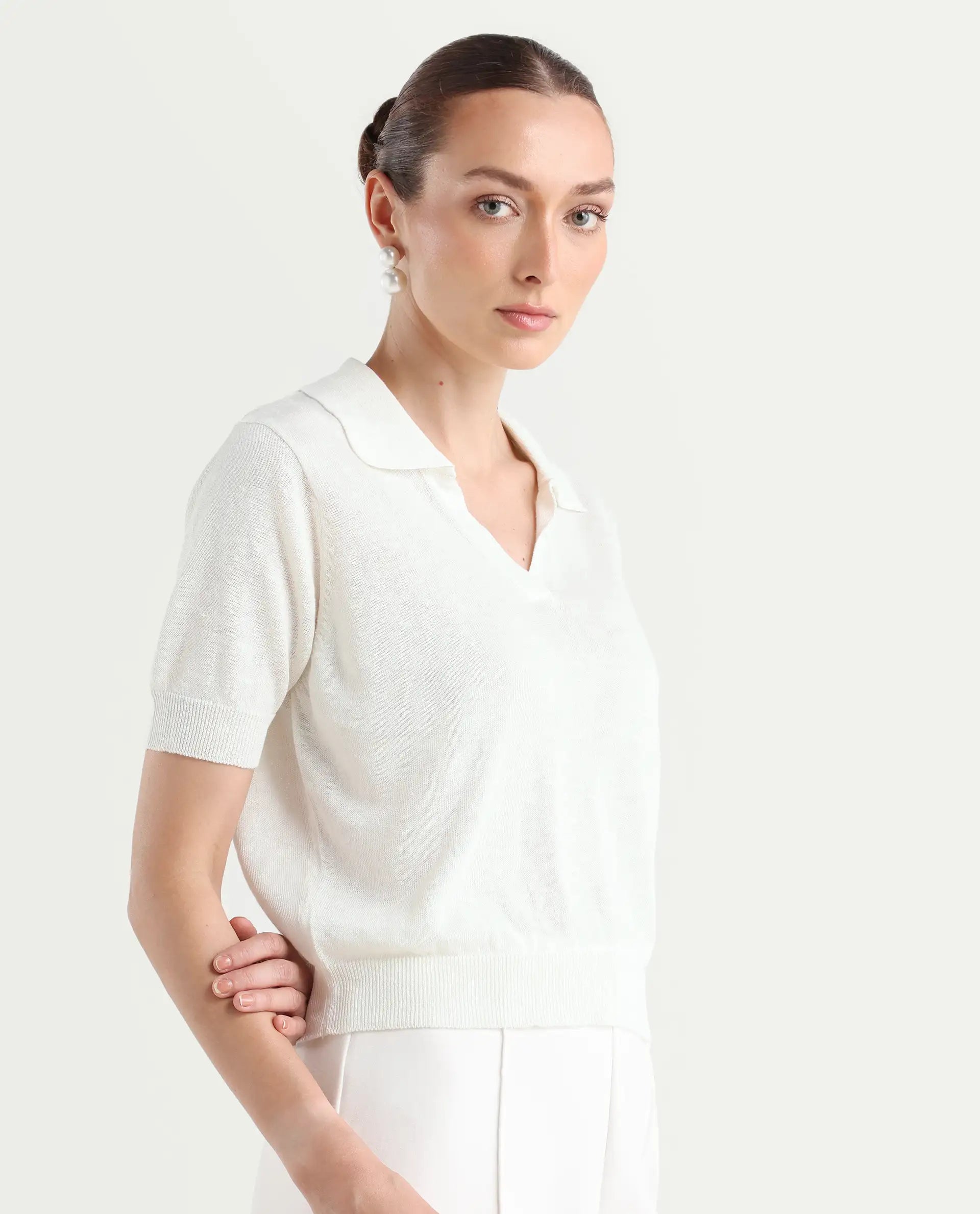 Rareism Women's Basel - Off White Cotton Linen Polo Neck Plain Regular Fit Polo