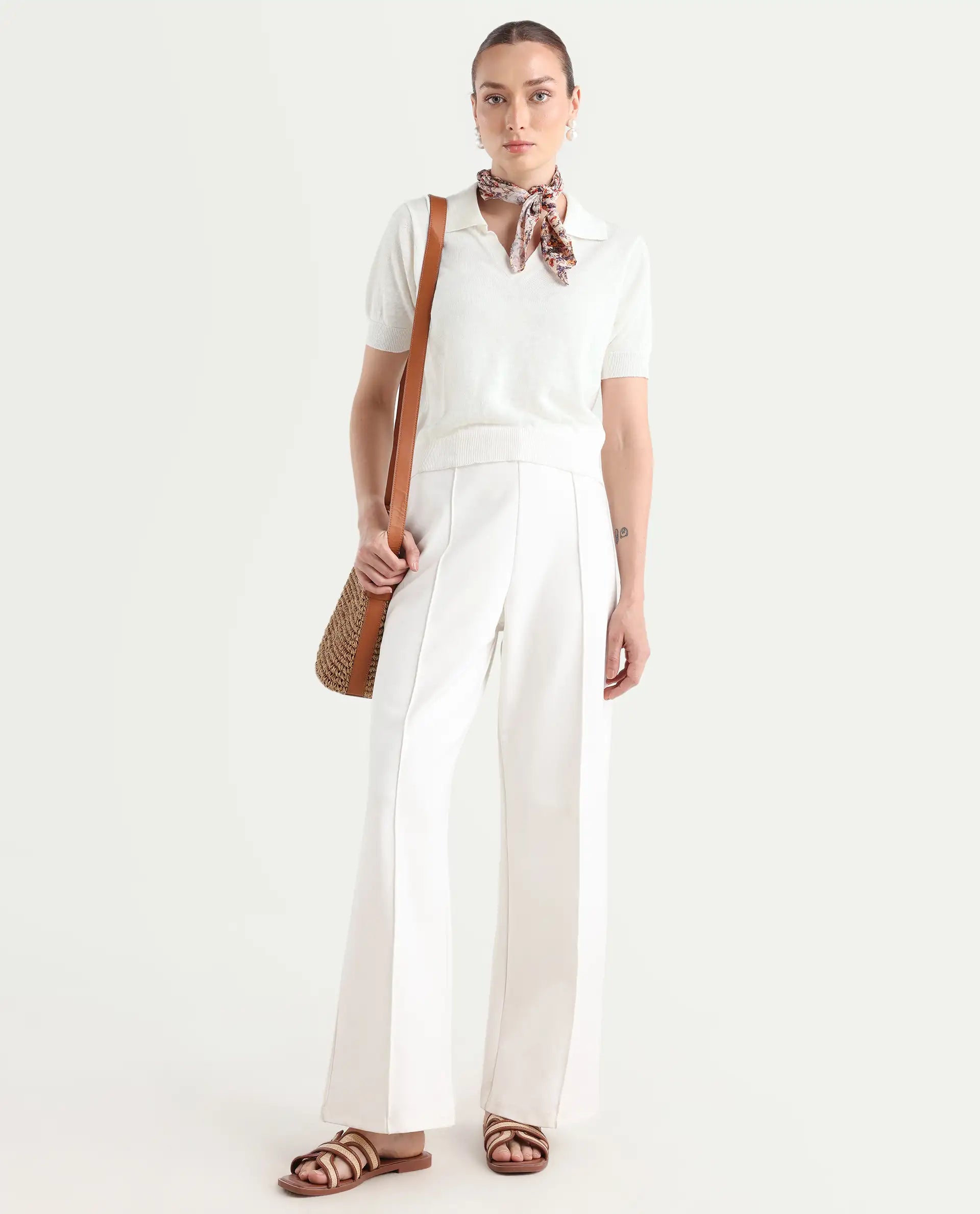 Rareism Women's Basel - Off White Cotton Linen Polo Neck Plain Regular Fit Polo