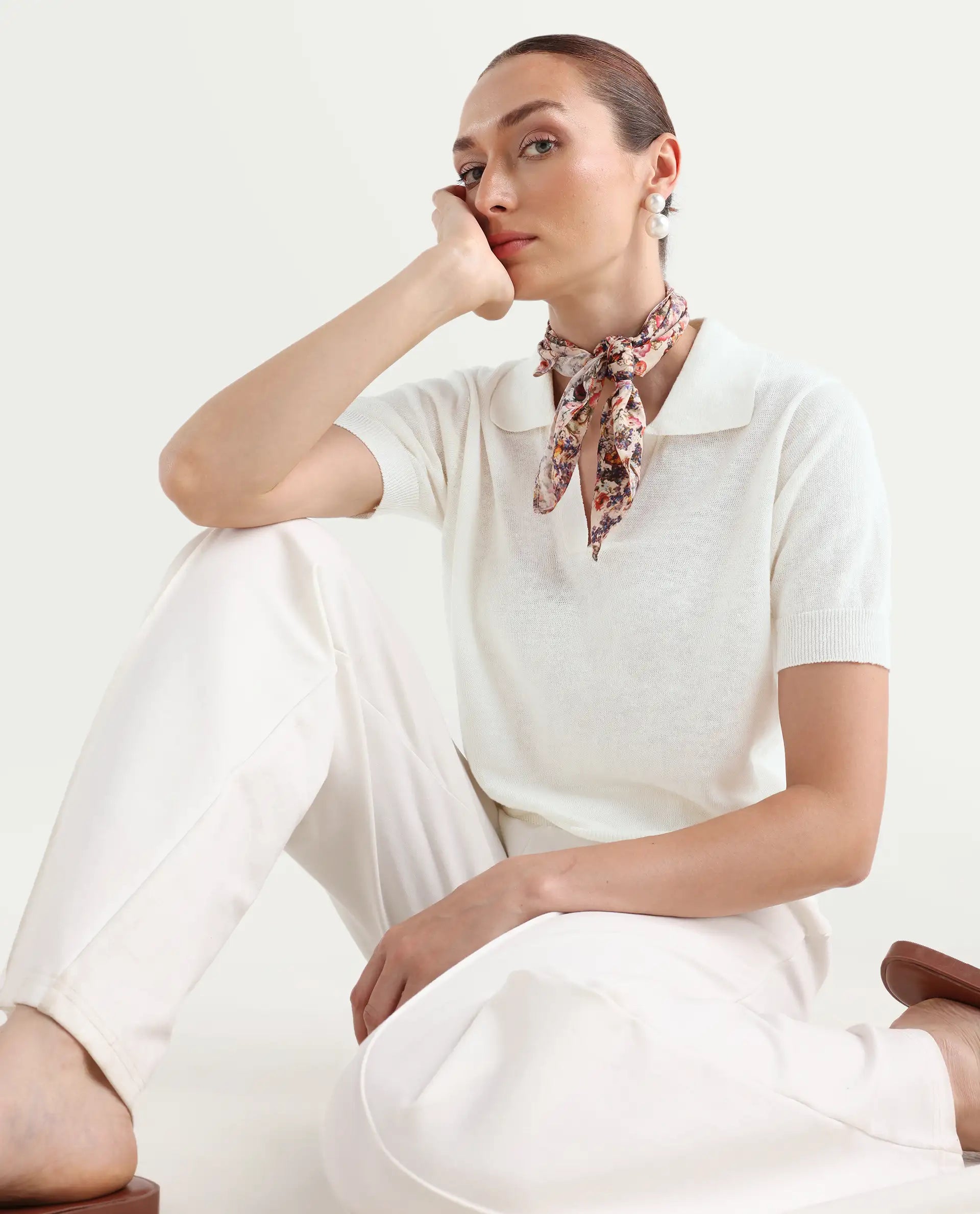 Rareism Women's Basel - Off White Cotton Linen Polo Neck Plain Regular Fit Polo