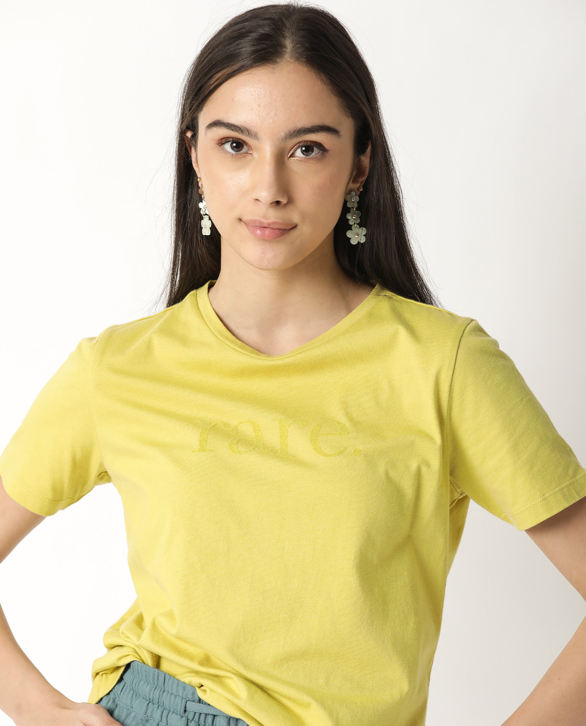 Rareism Womens Basic Tee 2 Yellow T-Shirt Cotton Fabric Fitted Fit Short Sleeve Round Neck