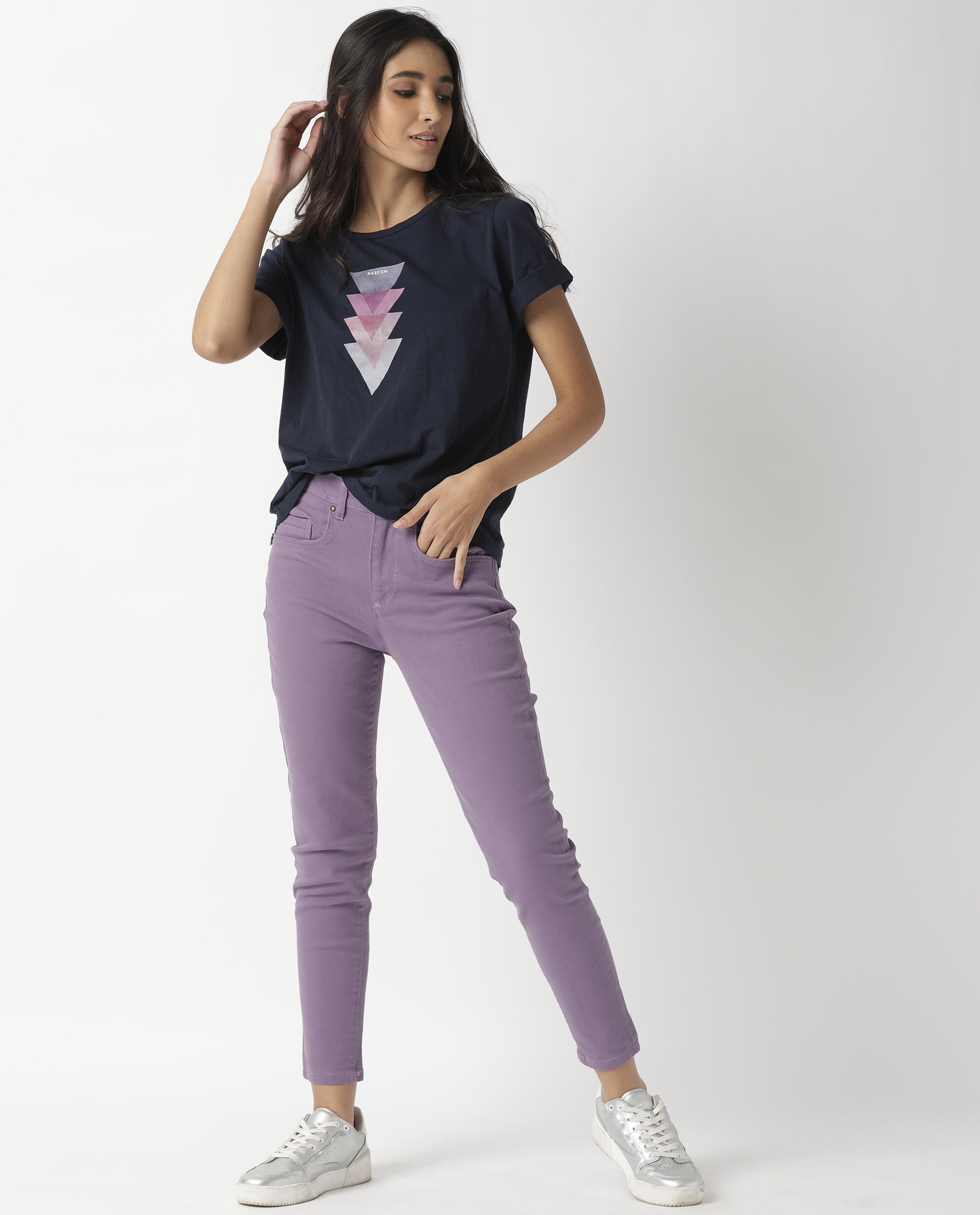 Rareism Womens Basic Tee 3 Navy T-Shirt Cotton Fabric Fitted Fit Short Sleeve Round Neck