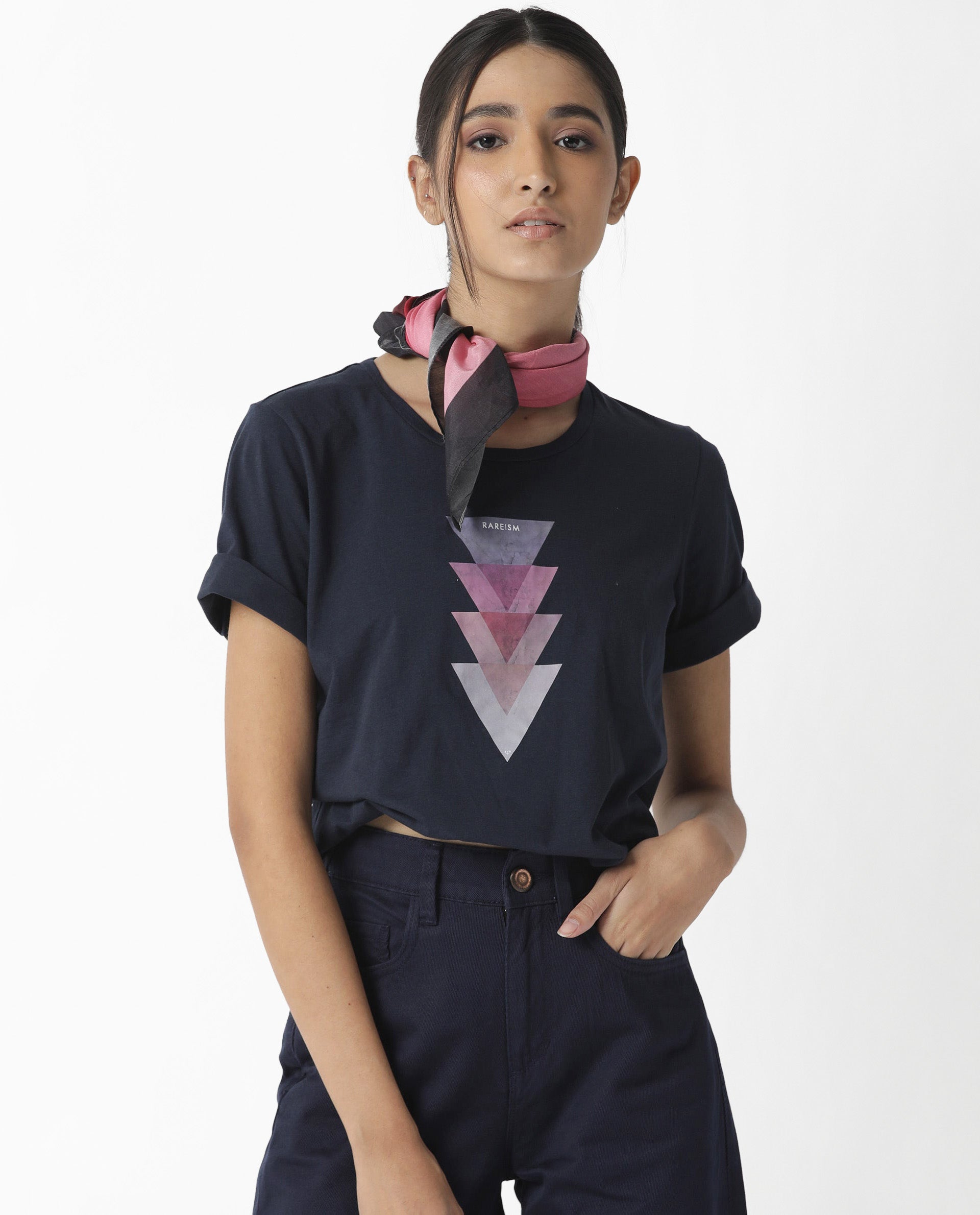 Rareism Womens Basic Tee 3 Navy T-Shirt Cotton Fabric Fitted Fit Short Sleeve Round Neck