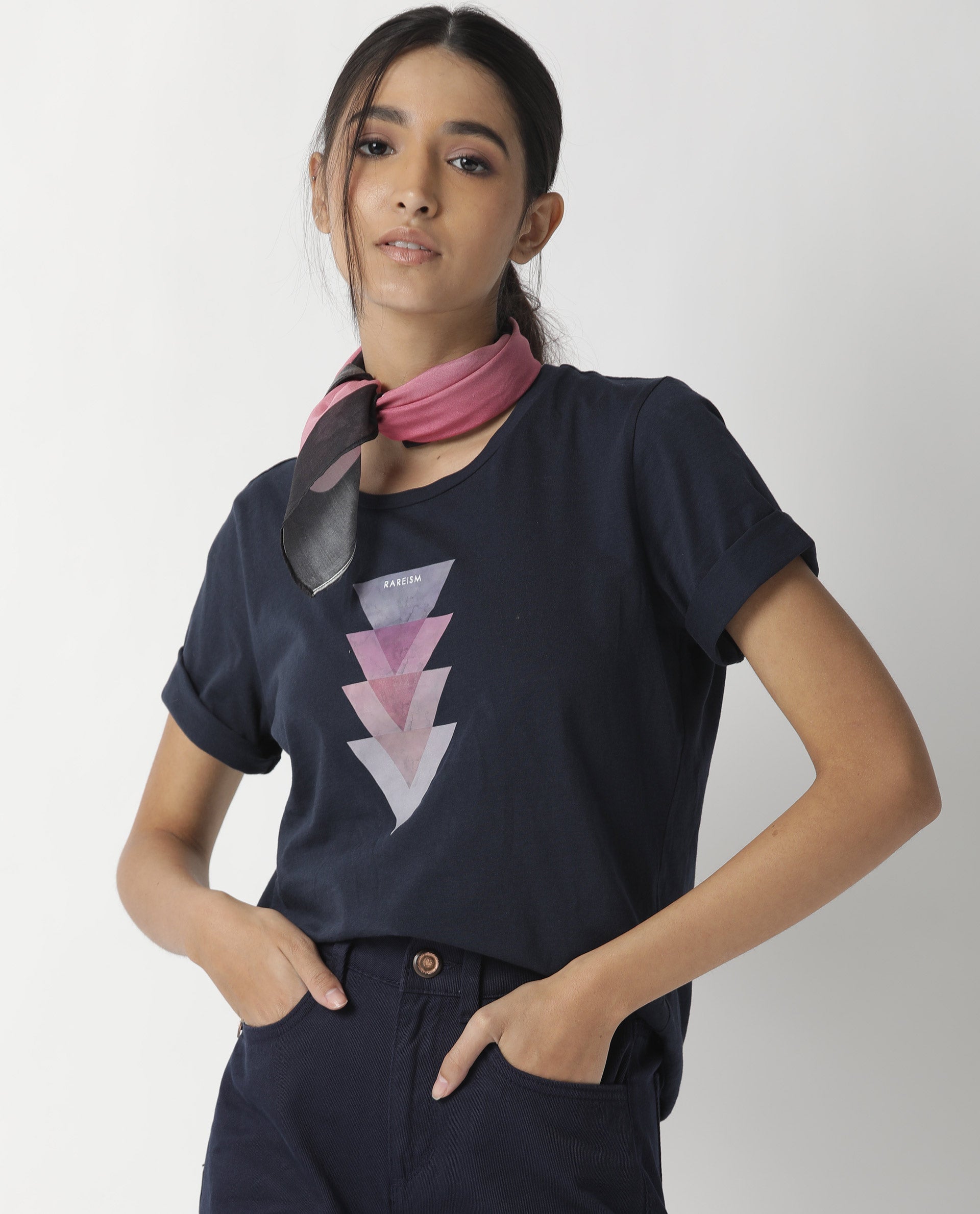 Rareism Womens Basic Tee 3 Navy T-Shirt Cotton Fabric Fitted Fit Short Sleeve Round Neck