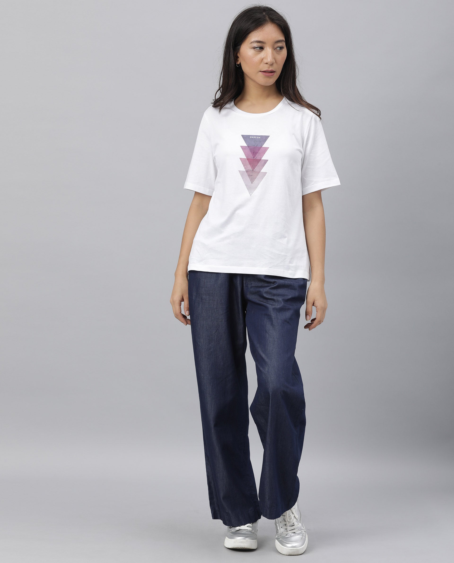 Rareism Womens Basic Tee 3 White T-Shirt Cotton Fabric Fitted Fit Short Sleeve Round Neck