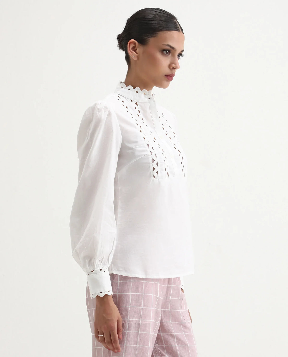 Rareism Women's Basil Off White Cotton Mandarin Collar Plain Cuffed Sleeve Regular Fit Top