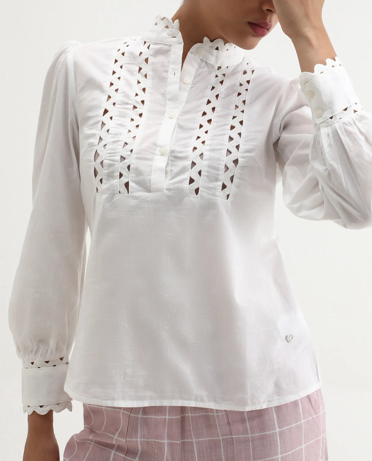 Rareism Women's Basil Off White Cotton Mandarin Collar Plain Cuffed Sleeve Regular Fit Top
