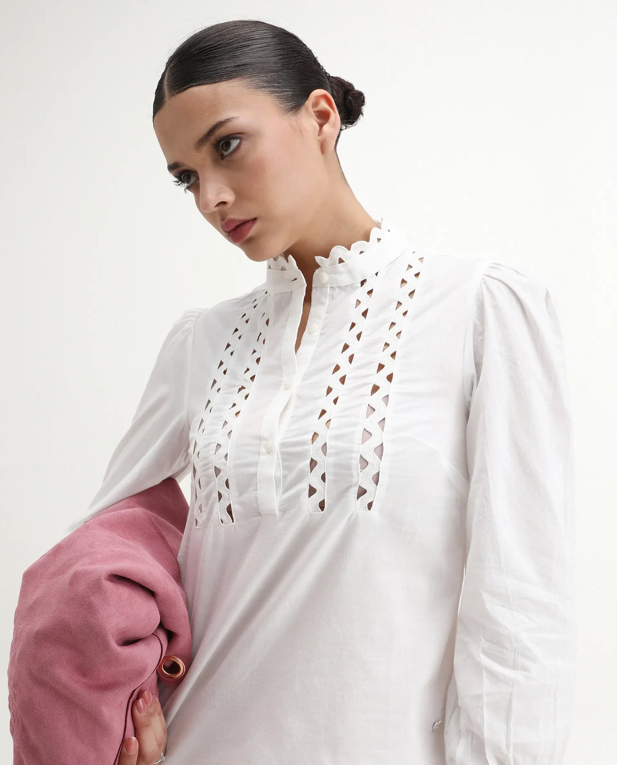 Rareism Women's Basil Off White Cotton Mandarin Collar Plain Cuffed Sleeve Regular Fit Top