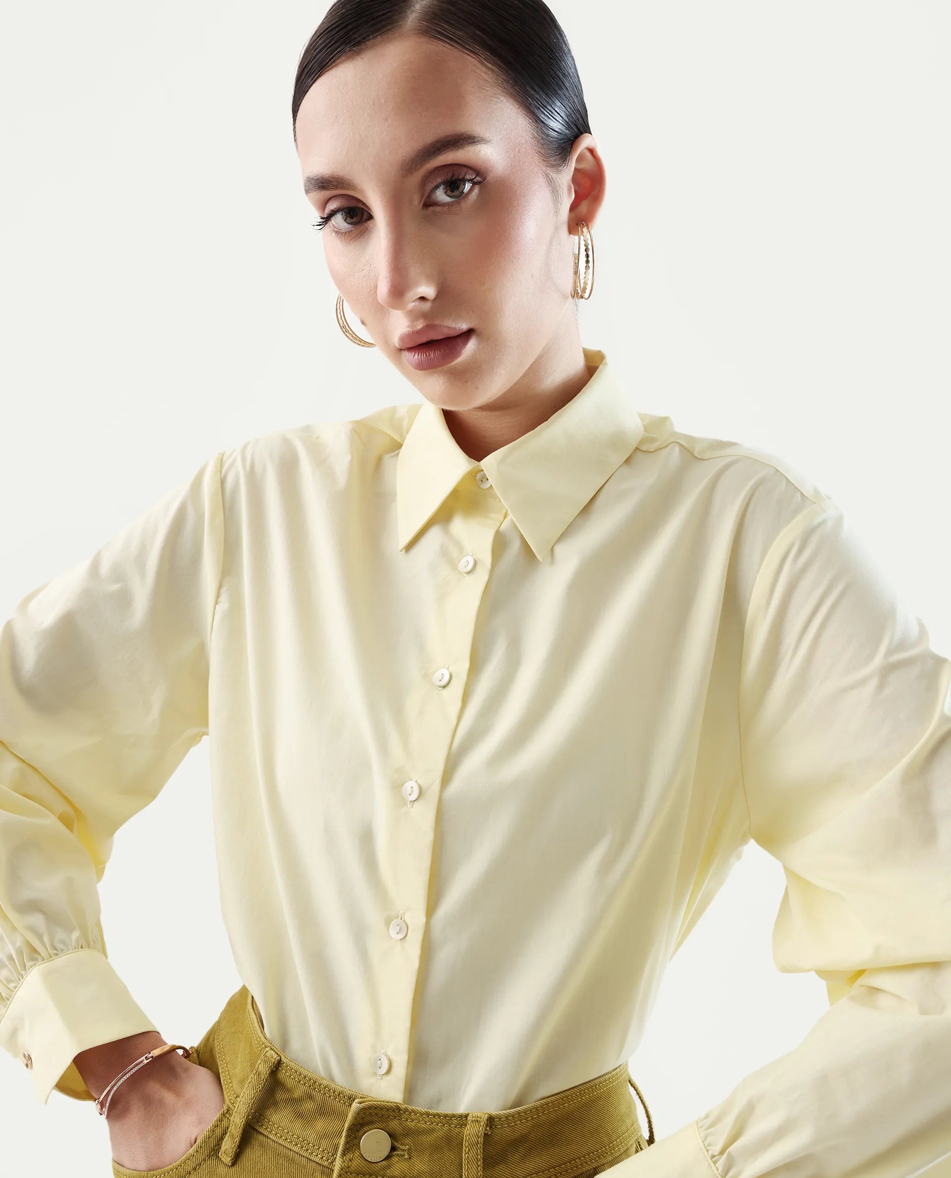 Rareism Women's Basom Yellow Cotton Collared Neck Relaxed Fit Shirt