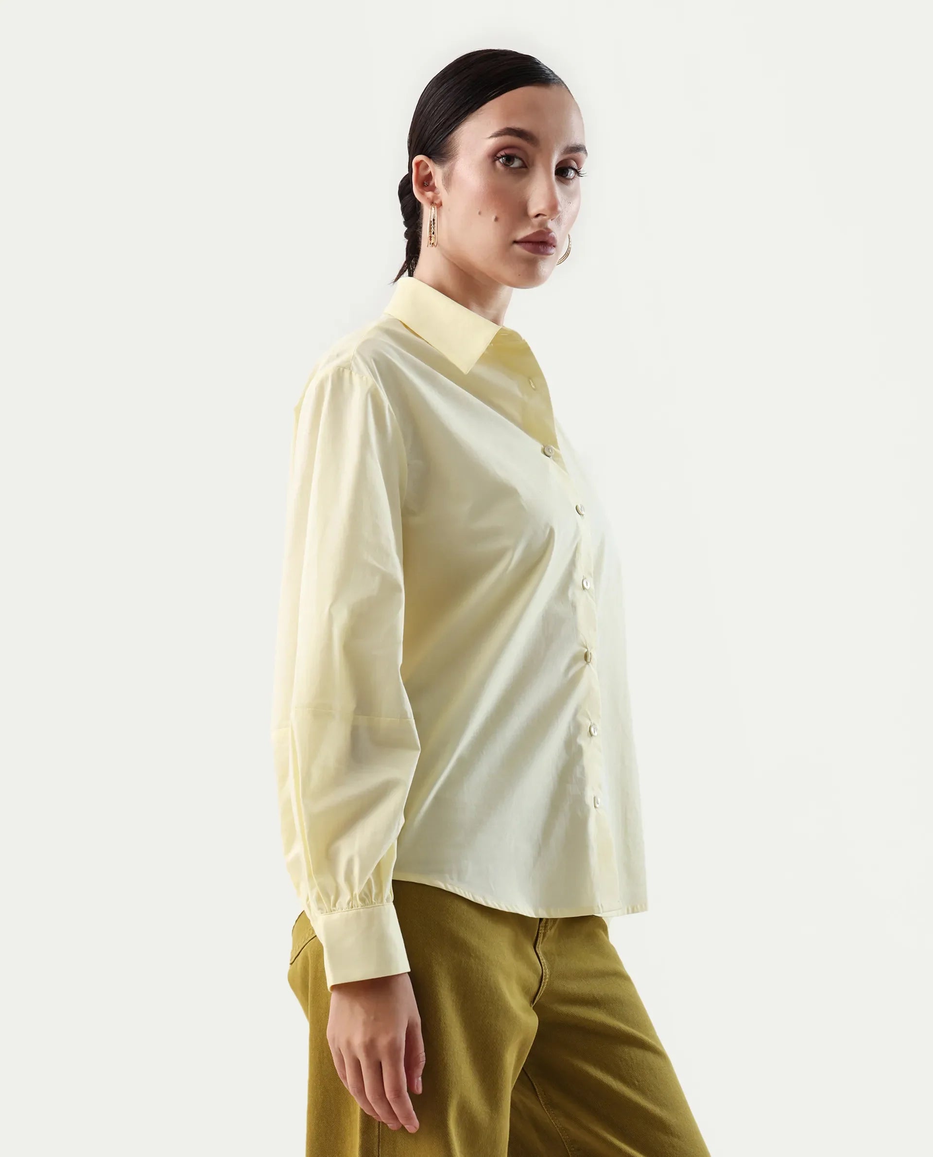 Rareism Women's Basom Yellow Cotton Collared Neck Relaxed Fit Shirt