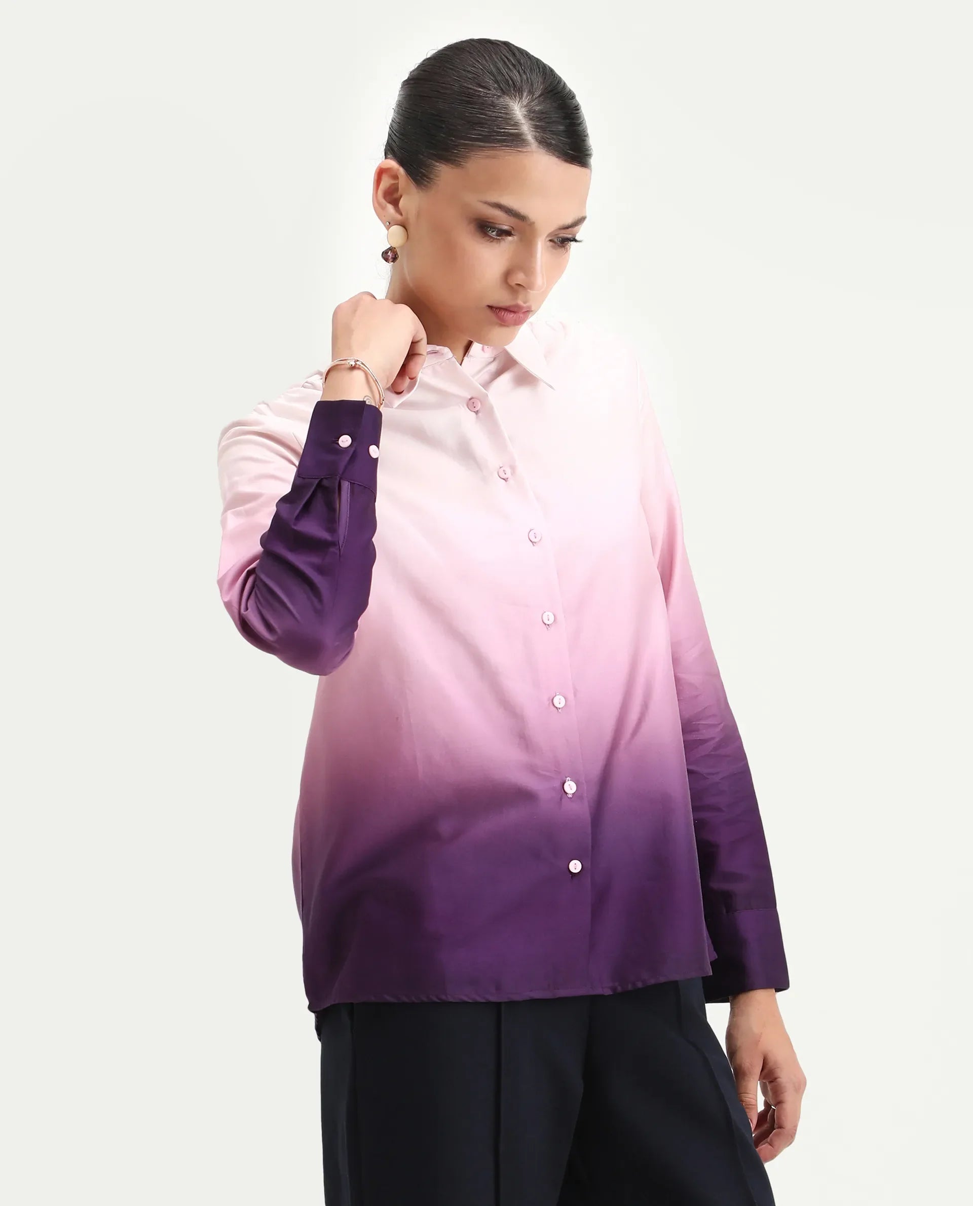 Rareism Women's Batim Purple Cotton Collared Neck Regular Fit Shirt