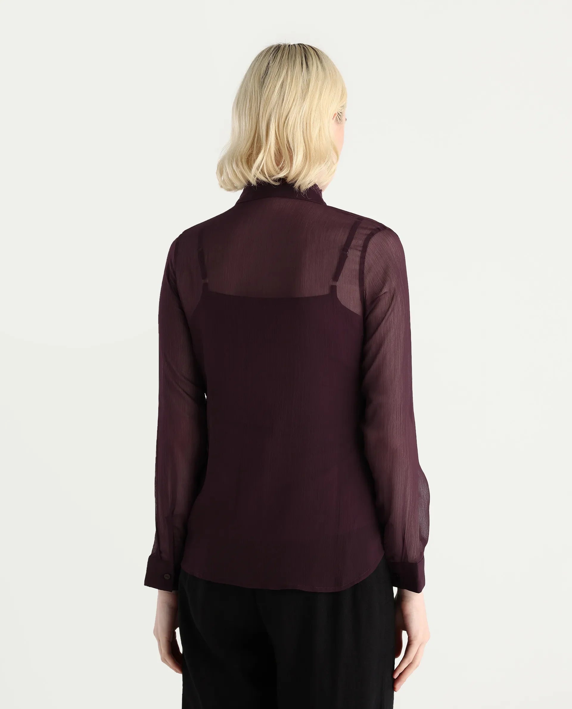 Rareism Women's Batmin Maroon Polyester Cuffed Sleeve Mandarin Collar Regular Fit Shirt