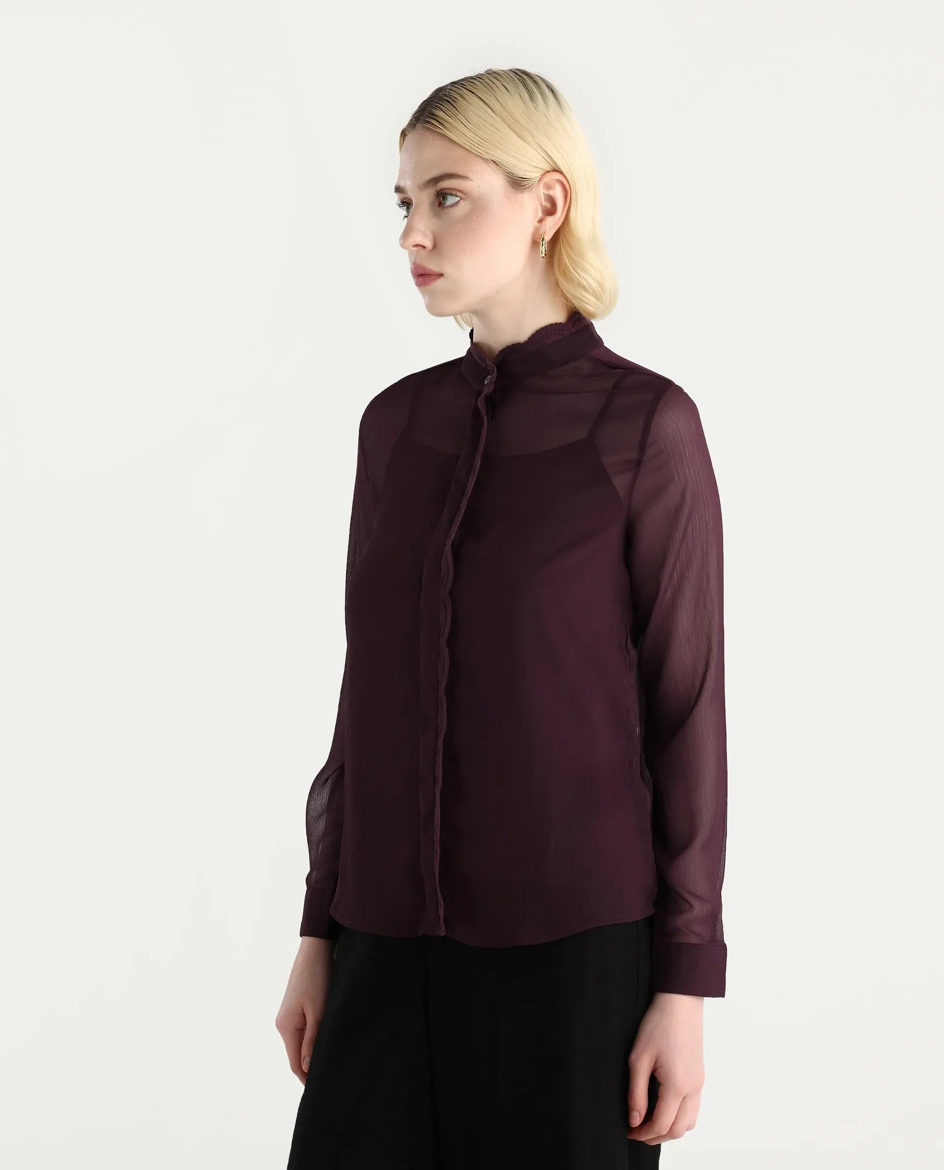 Rareism Women's Batmin Maroon Polyester Cuffed Sleeve Mandarin Collar Regular Fit Shirt