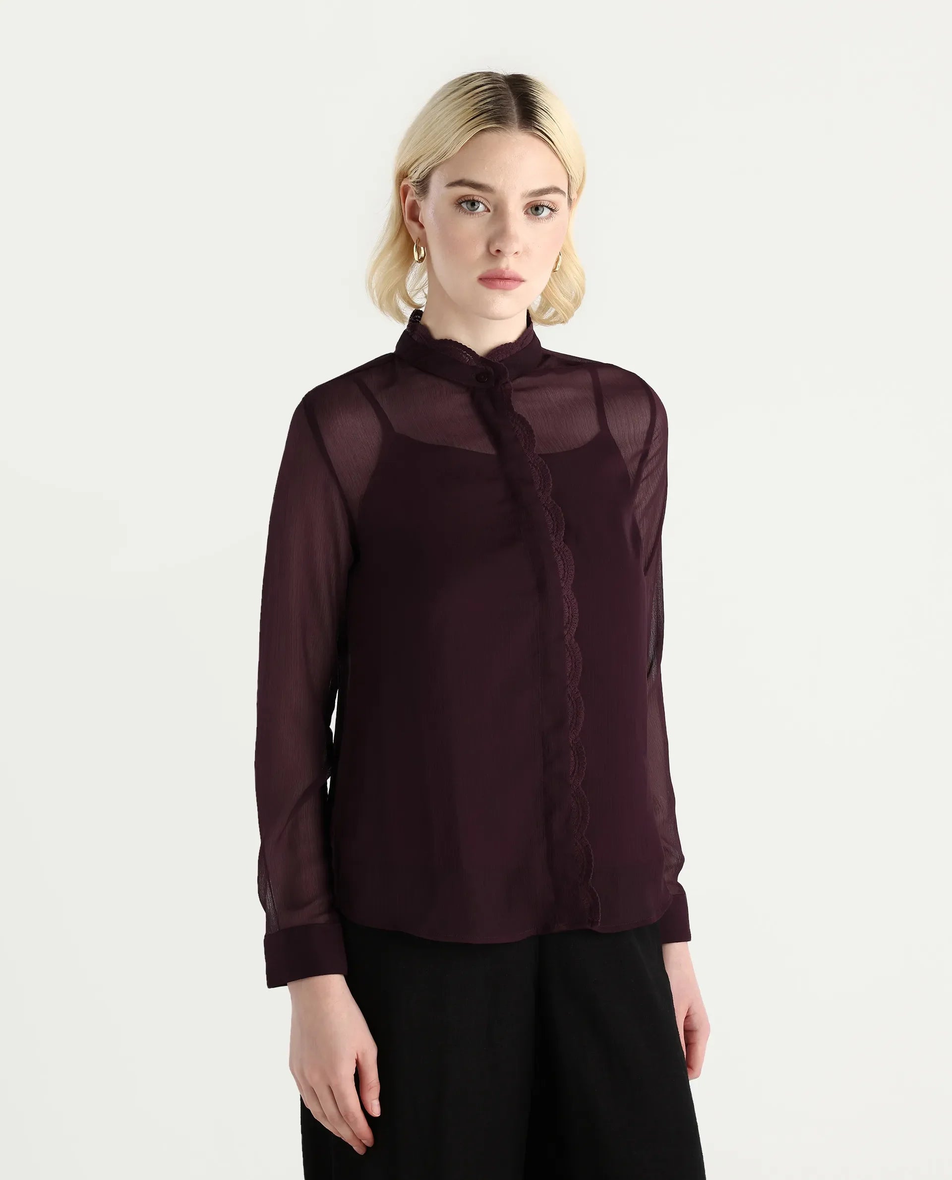 Rareism Women's Batmin Maroon Polyester Cuffed Sleeve Mandarin Collar Regular Fit Shirt