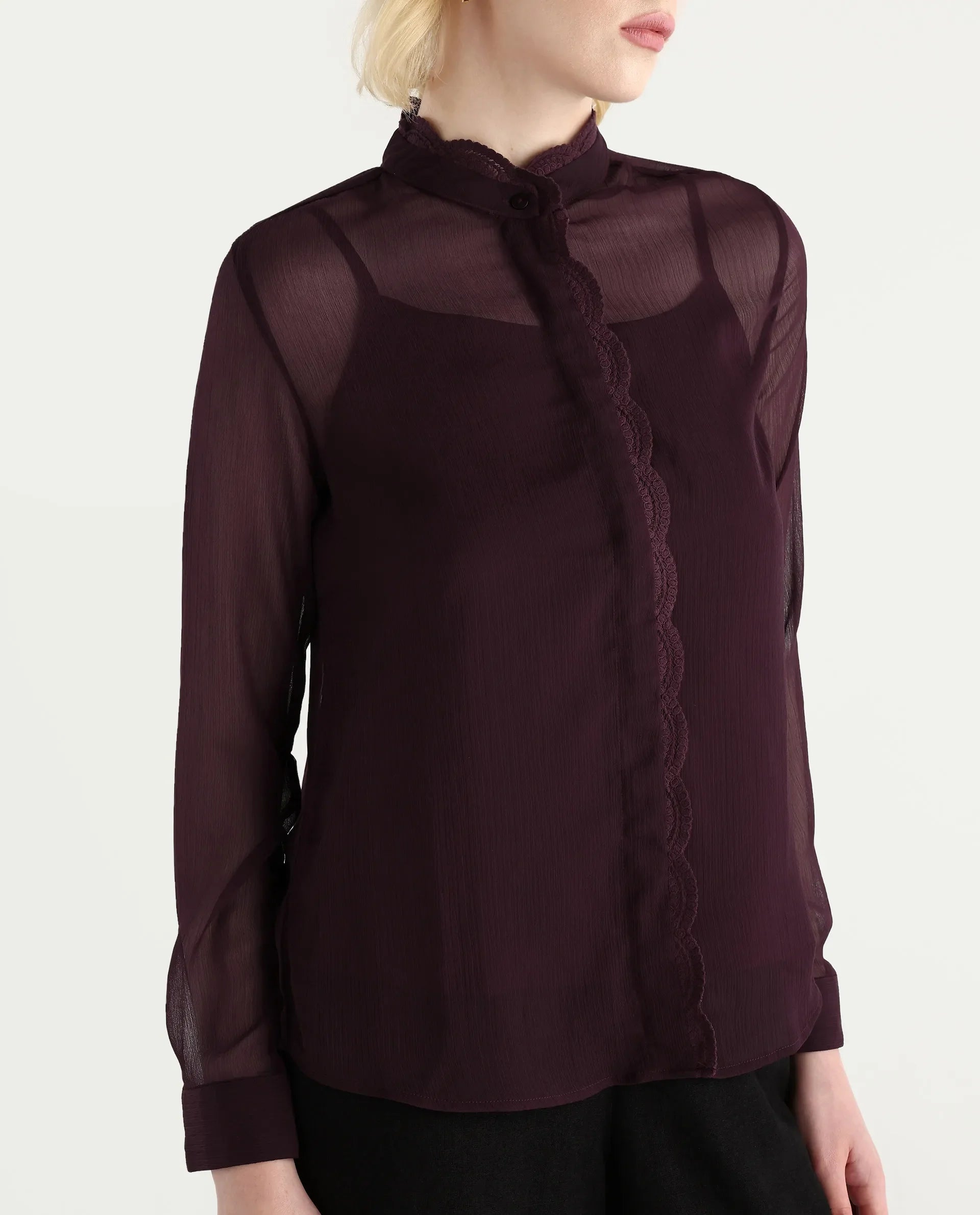 Rareism Women's Batmin Maroon Polyester Cuffed Sleeve Mandarin Collar Regular Fit Shirt