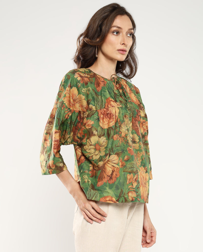 Rareism Women Baudel Green Kimono Sleeve Tie-Up Neck Tie Up Closure Relaxed Fit Floral Print Top