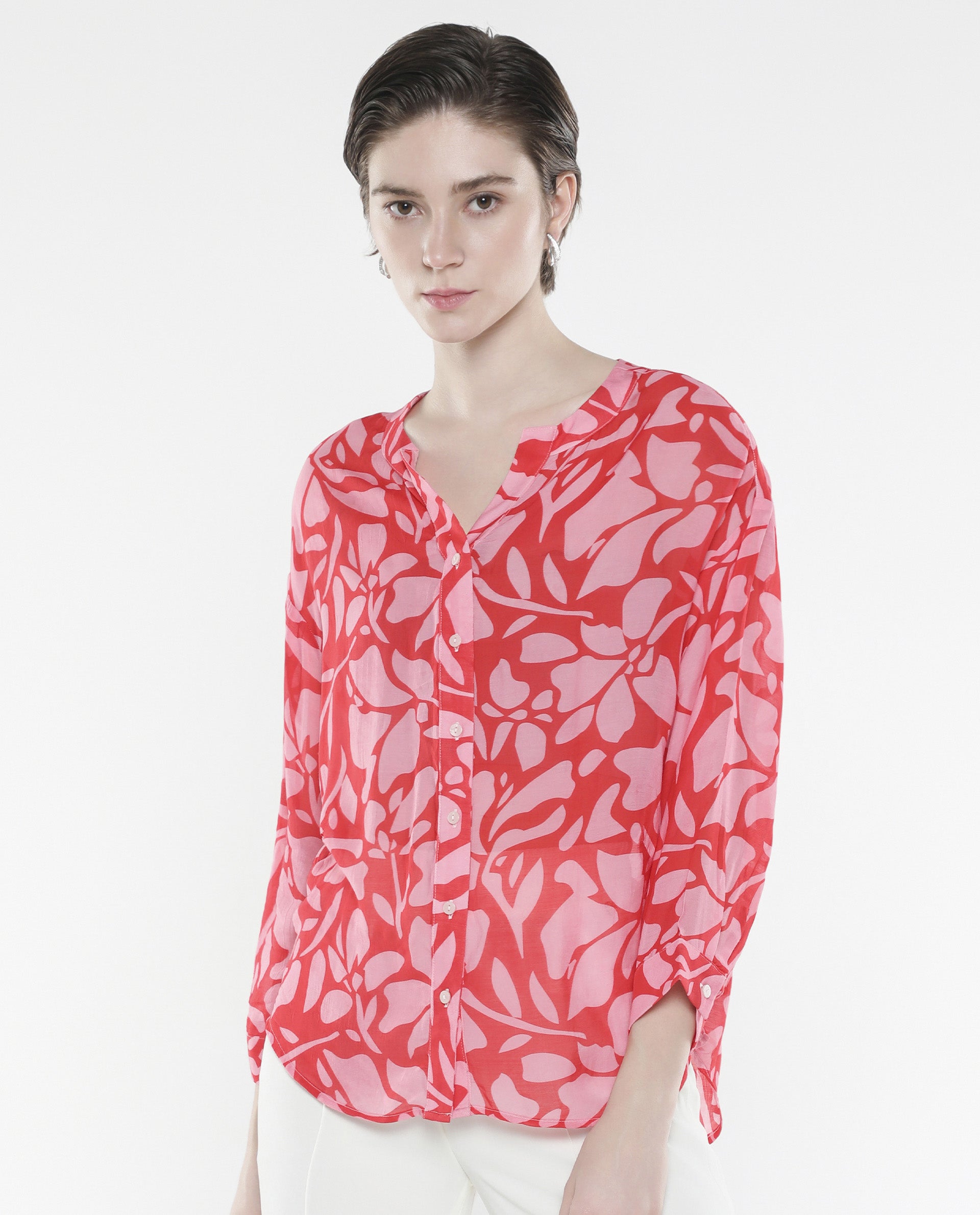 Rareism Women's Bayton Red Viscose Blend Mandarin Collar Floral Print Cuffed Sleeve Relaxed Fit Top