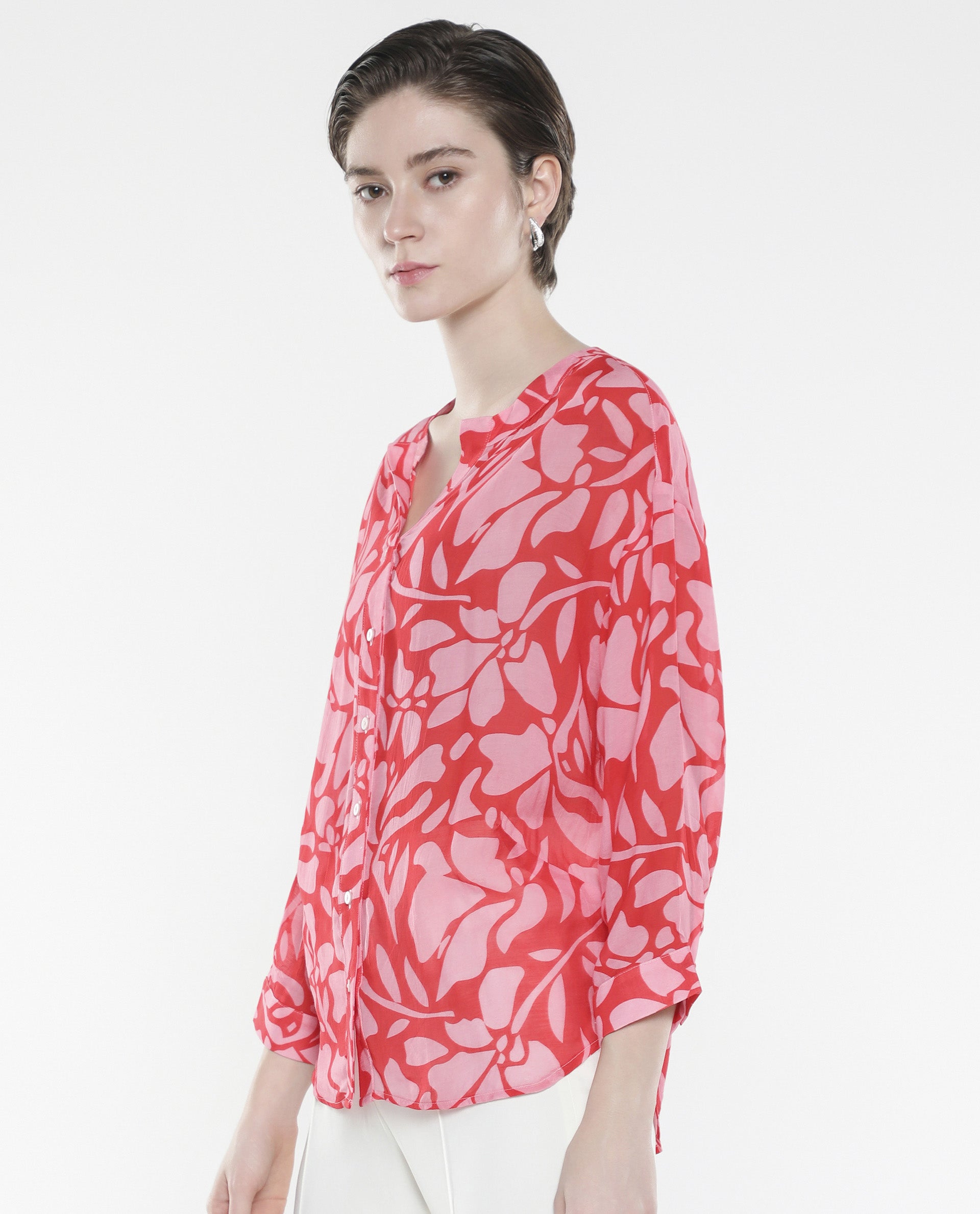 Rareism Women's Bayton Red Viscose Blend Mandarin Collar Floral Print Cuffed Sleeve Relaxed Fit Top